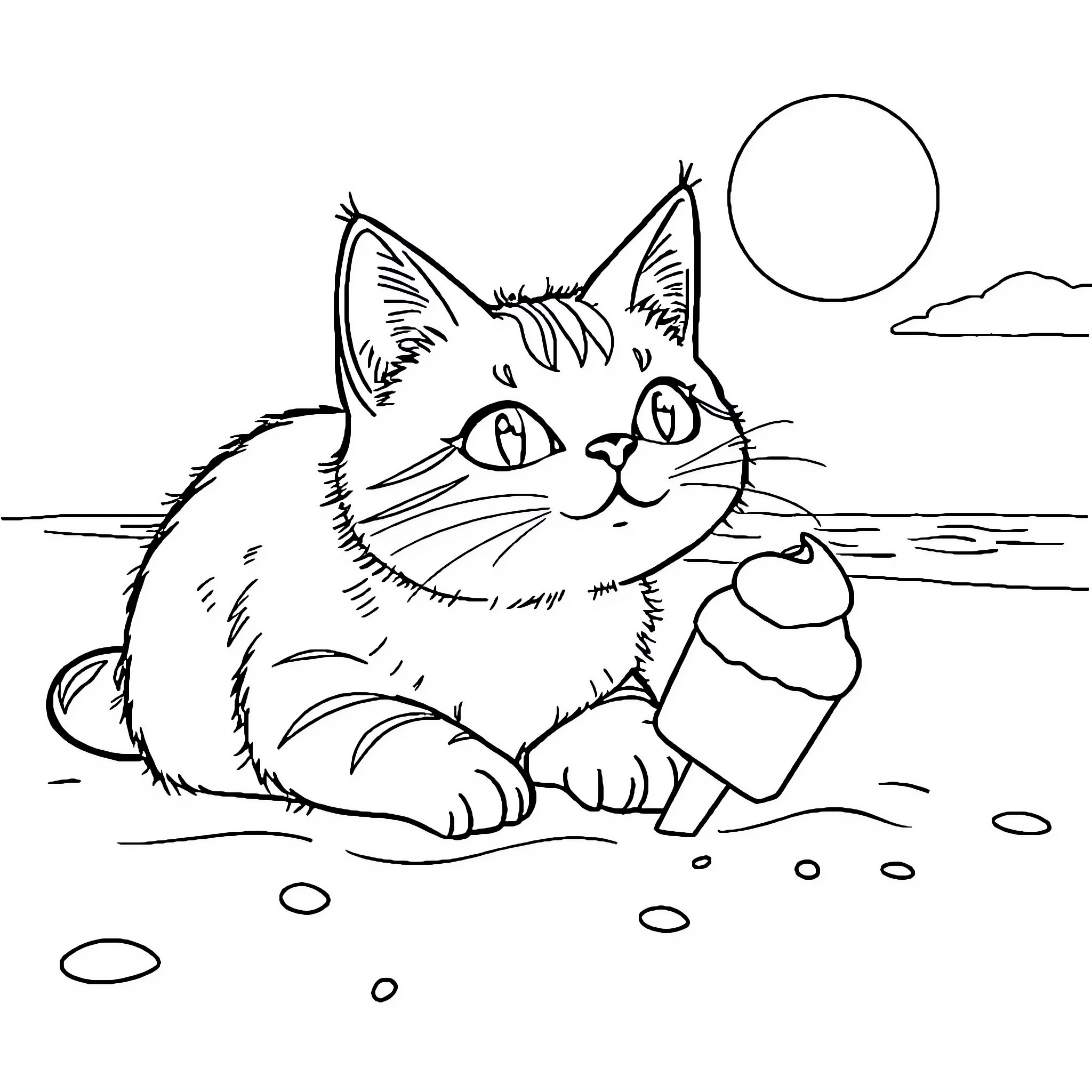 Cat enjoying a sunny day on the beach Coloring Page (free black-and-white line drawing printable PDF for all, from beginners to advanced learners, including children, teens, adults, and seniors)
