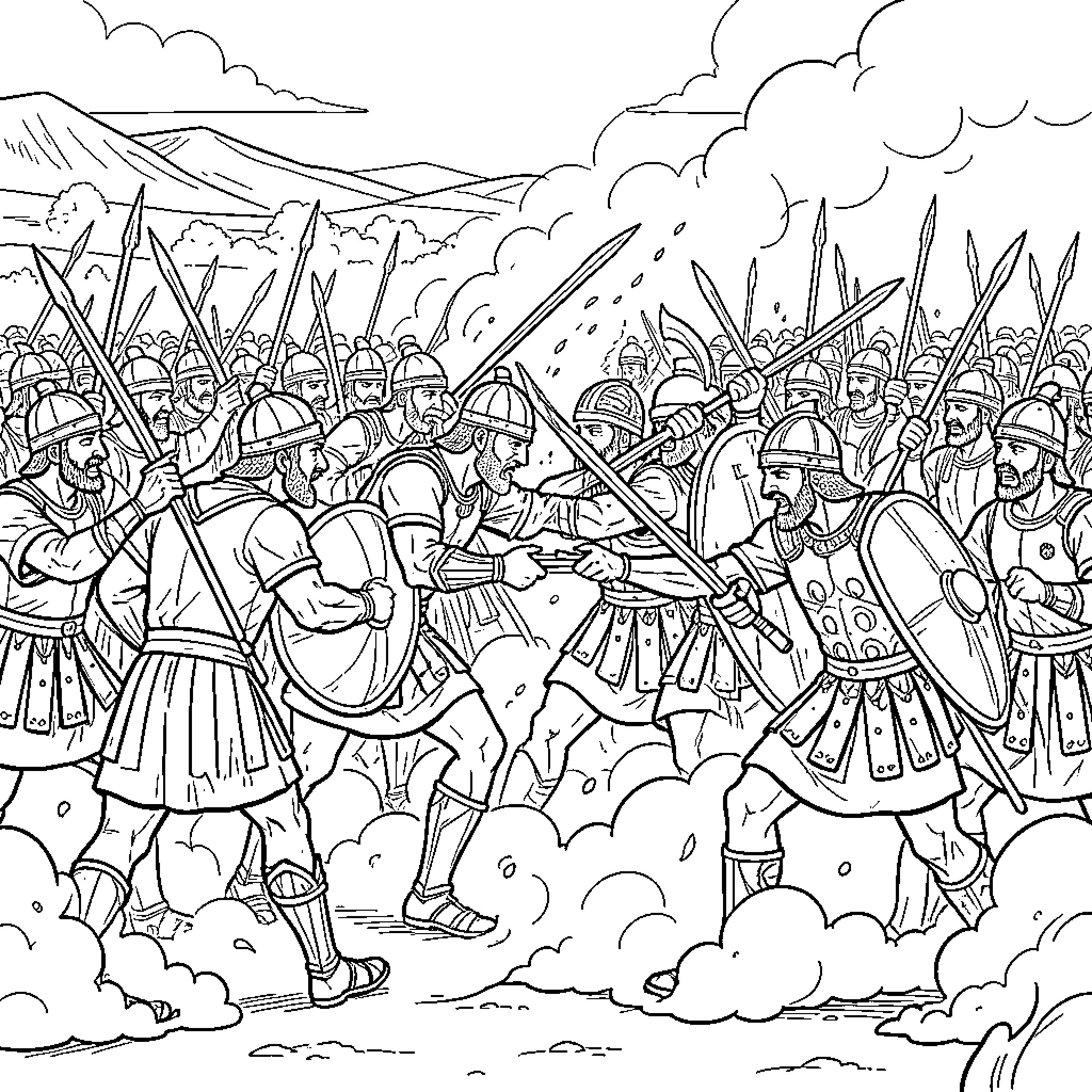 Cannae battle scene with soldiers wielding swords and shields Coloring Page (free black-and-white line drawing printable PDF for all, from beginners to advanced learners, including children, teens, adults, and seniors)