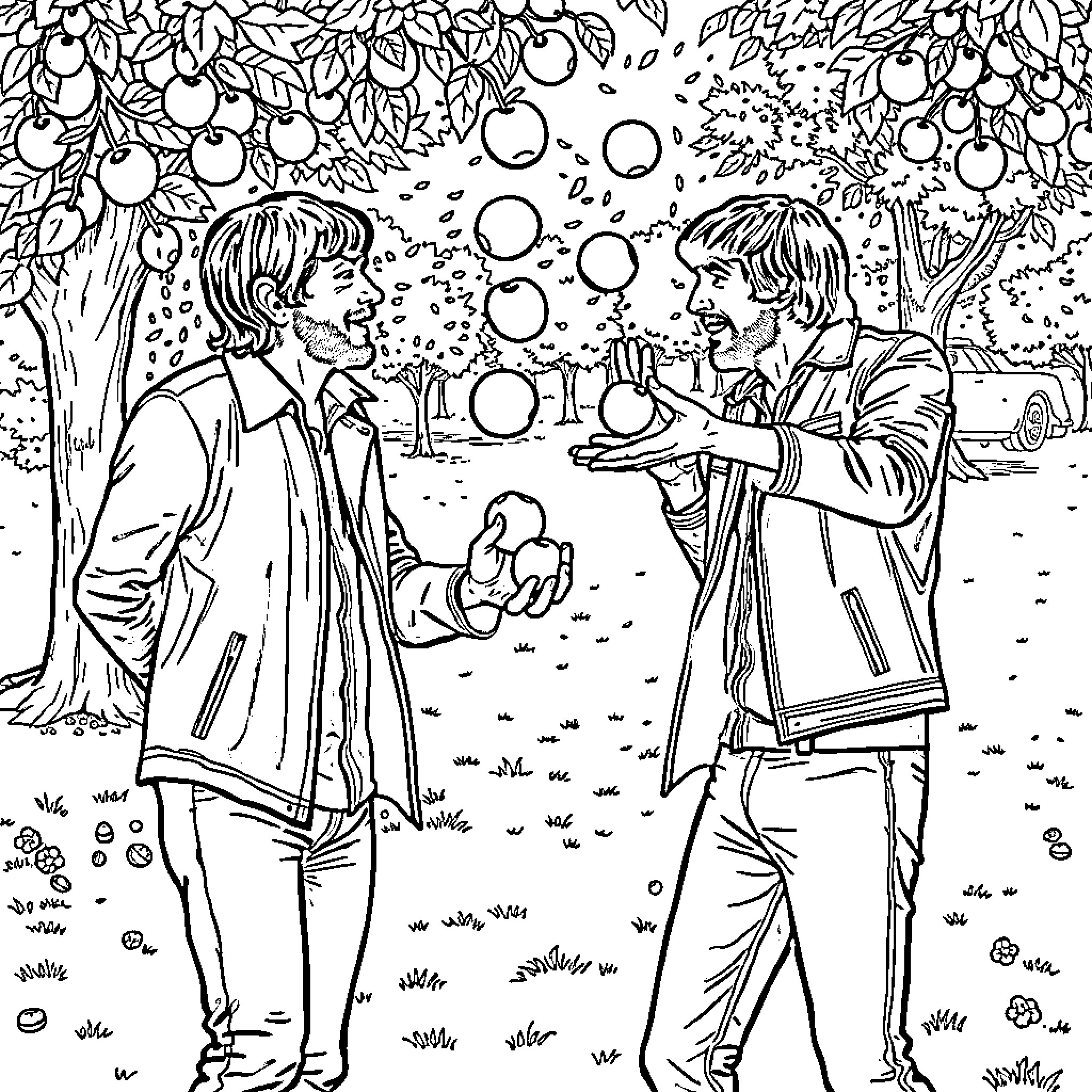 Gallagher Brothers Blowing Bubbles in Orchard Coloring Page (free black-and-white line drawing printable PDF for all, from beginners to advanced learners, including children, teens, adults, and seniors)
