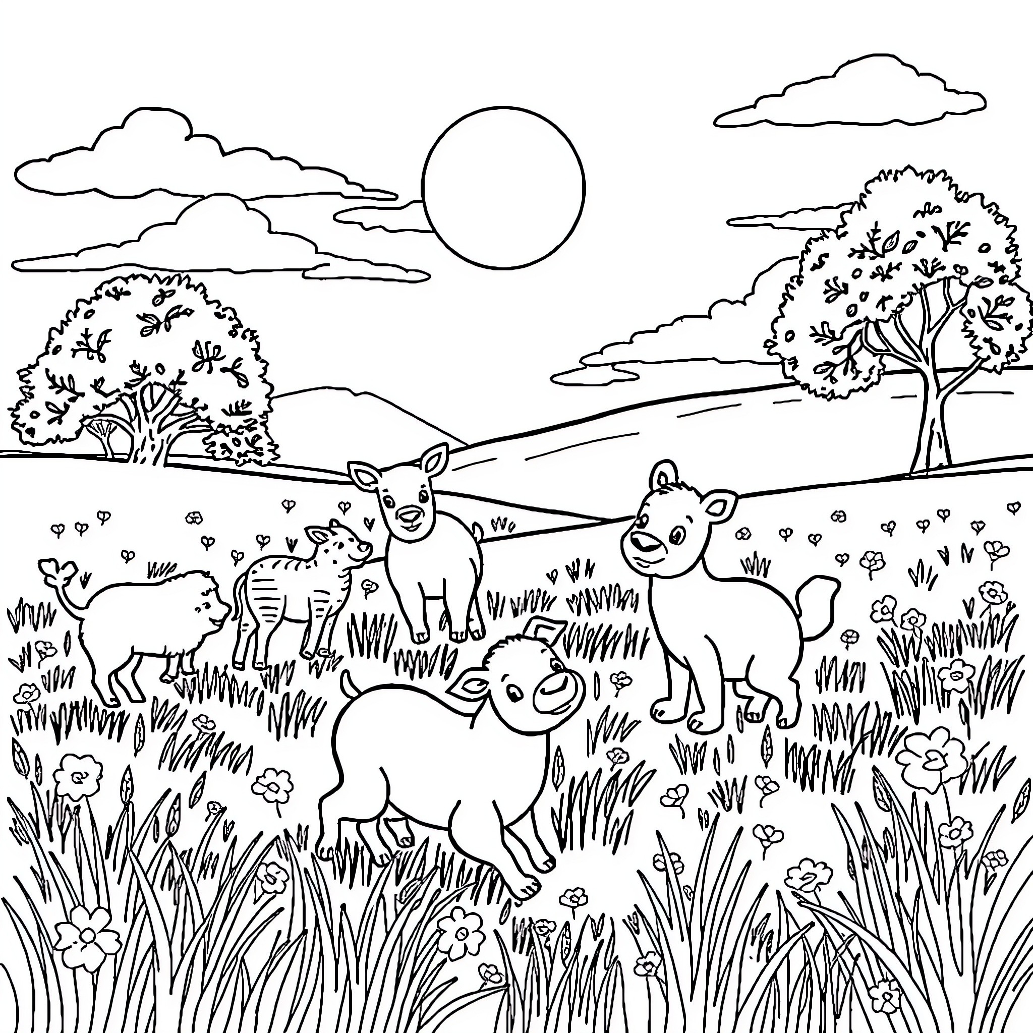 Animal Family Enjoying Outdoor Scenery Coloring Page (free black-and-white line drawing printable PDF for all, from beginners to advanced learners, including children, teens, adults, and seniors)