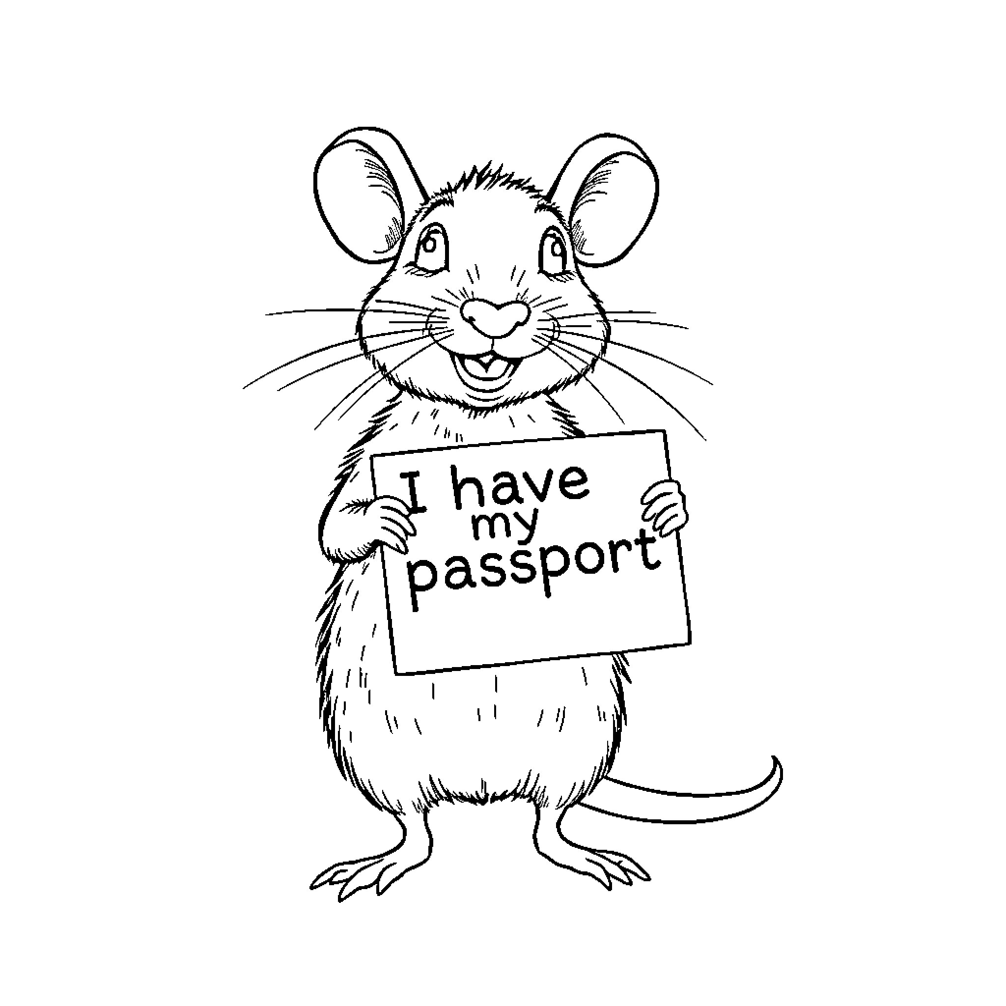 Rat holding its passport with excitement Coloring Page (free black-and-white line drawing printable PDF for all, from beginners to advanced learners, including children, teens, adults, and seniors)
