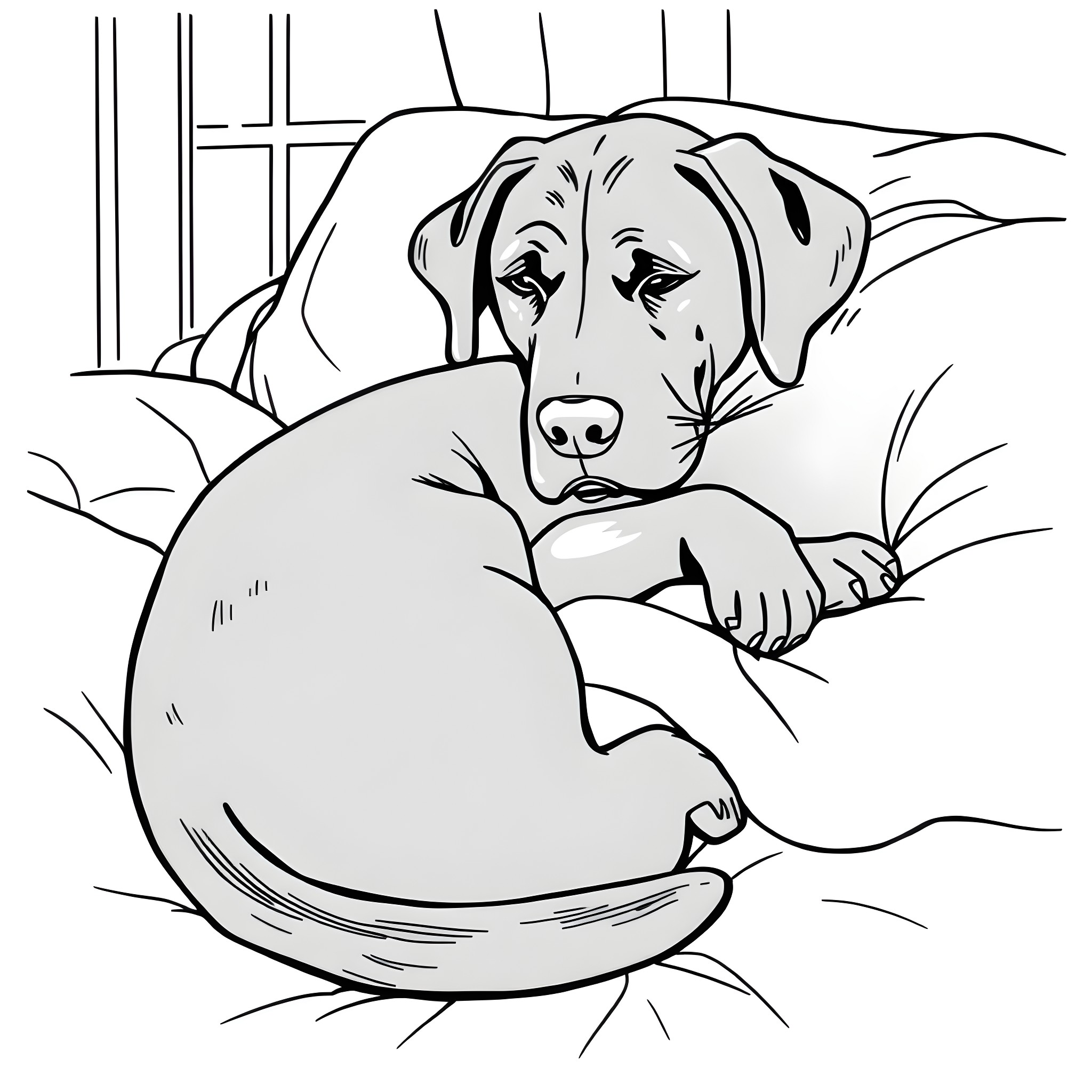 Dog resting peacefully on the couch Coloring Page (free black-and-white line drawing printable PDF for all, from beginners to advanced learners, including children, teens, adults, and seniors)