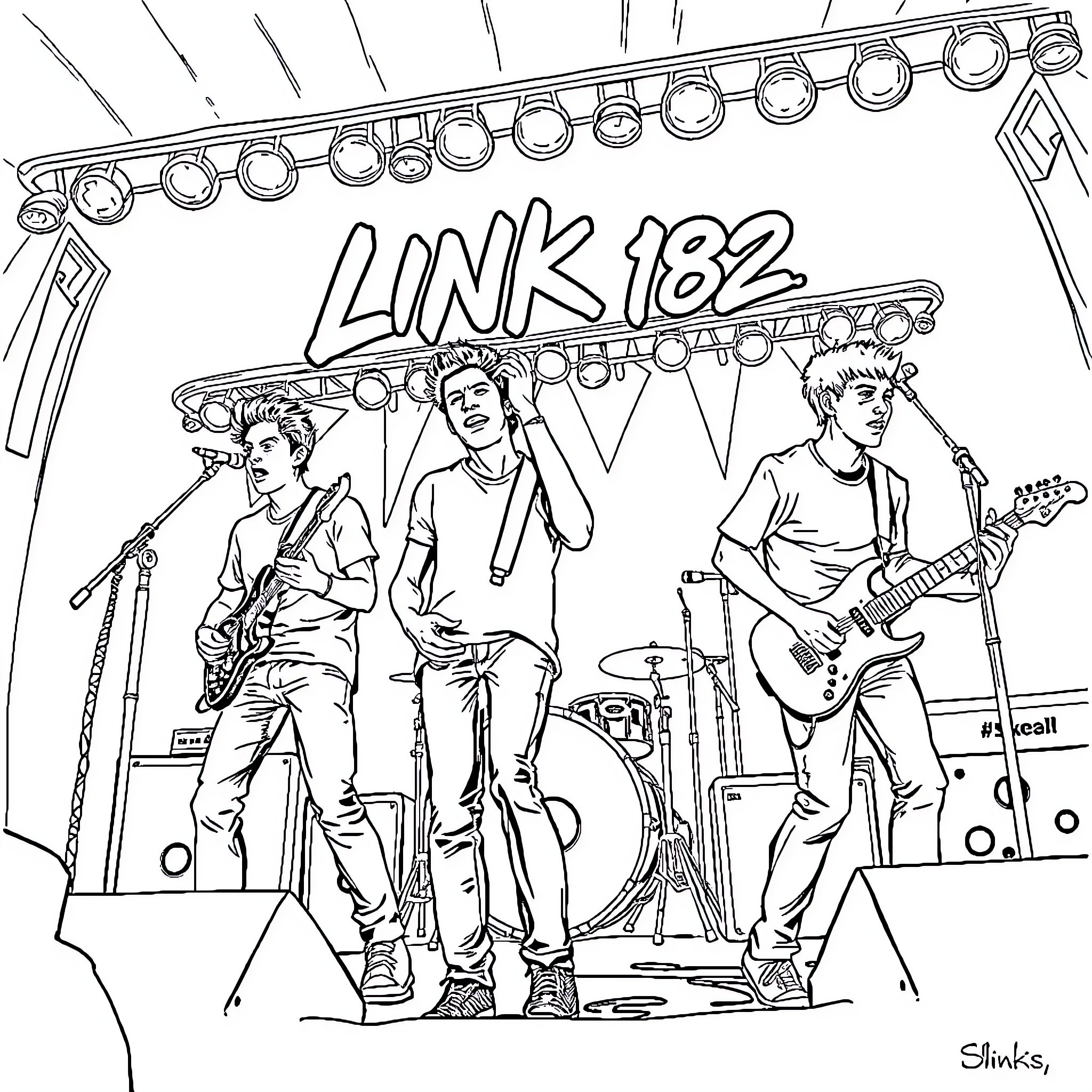 Blink 182 performing on stage with energy Coloring Page (free black-and-white line drawing printable PDF for all, from beginners to advanced learners, including children, teens, adults, and seniors)