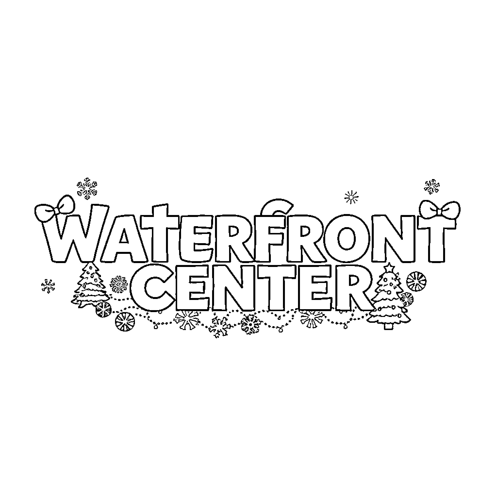 Waterfront Center with Winter Decorations Coloring Page (free black-and-white line drawing printable PDF for all, from beginners to advanced learners, including children, teens, adults, and seniors)