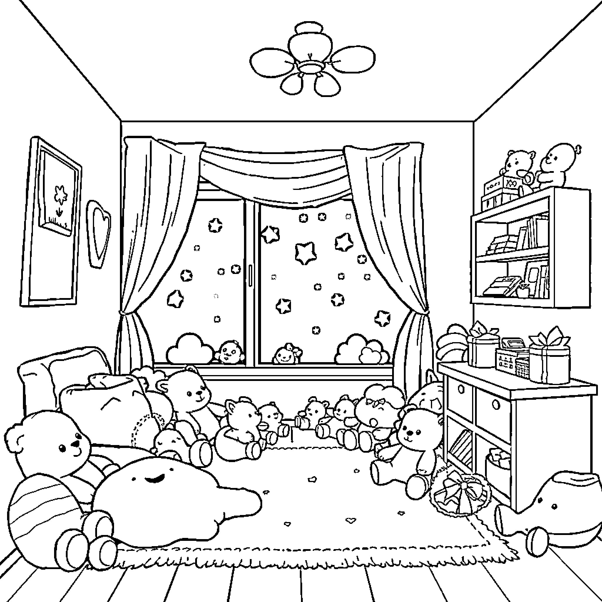 Girl surrounded by plush toys in cozy bedroom Coloring Page (free black-and-white line drawing printable PDF for all, from beginners to advanced learners, including children, teens, adults, and seniors)