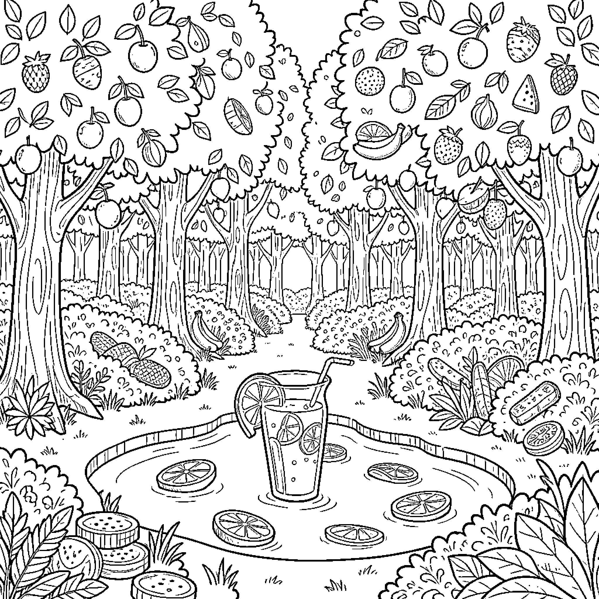 Forest trees filled with various abundant fruits Coloring Page (free black-and-white line drawing printable PDF for all, from beginners to advanced learners, including children, teens, adults, and seniors)