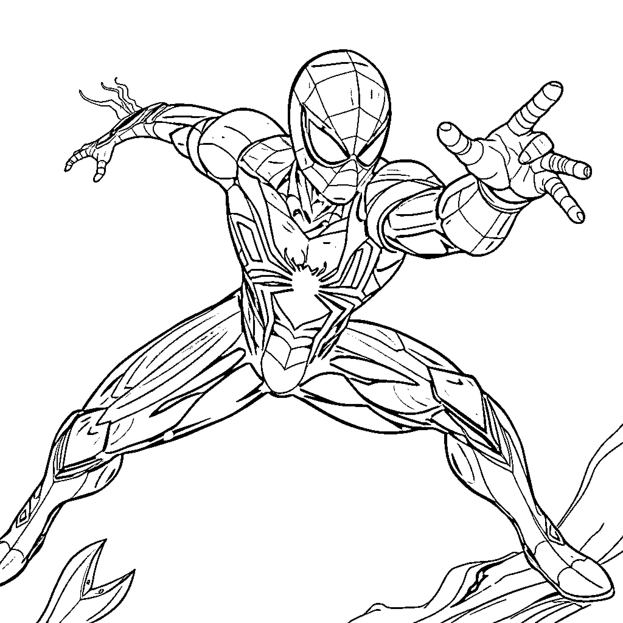 Iron Spider in heroic action pose Coloring Page (free black-and-white line drawing printable PDF for all, from beginners to advanced learners, including children, teens, adults, and seniors)