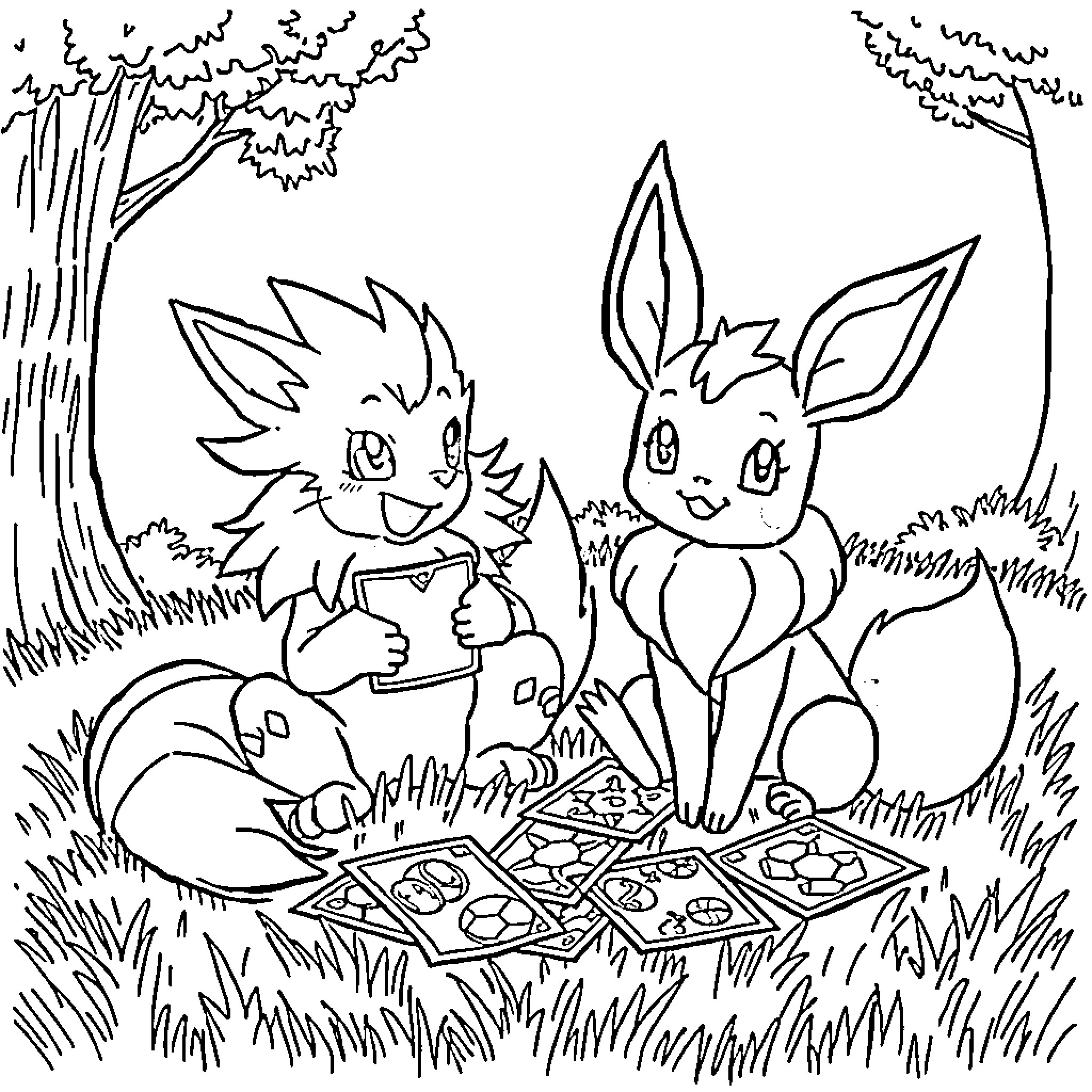 Arcanine and Eevee enjoying a picnic in the woods Coloring Page (free black-and-white line drawing printable PDF for all, from beginners to advanced learners, including children, teens, adults, and seniors)