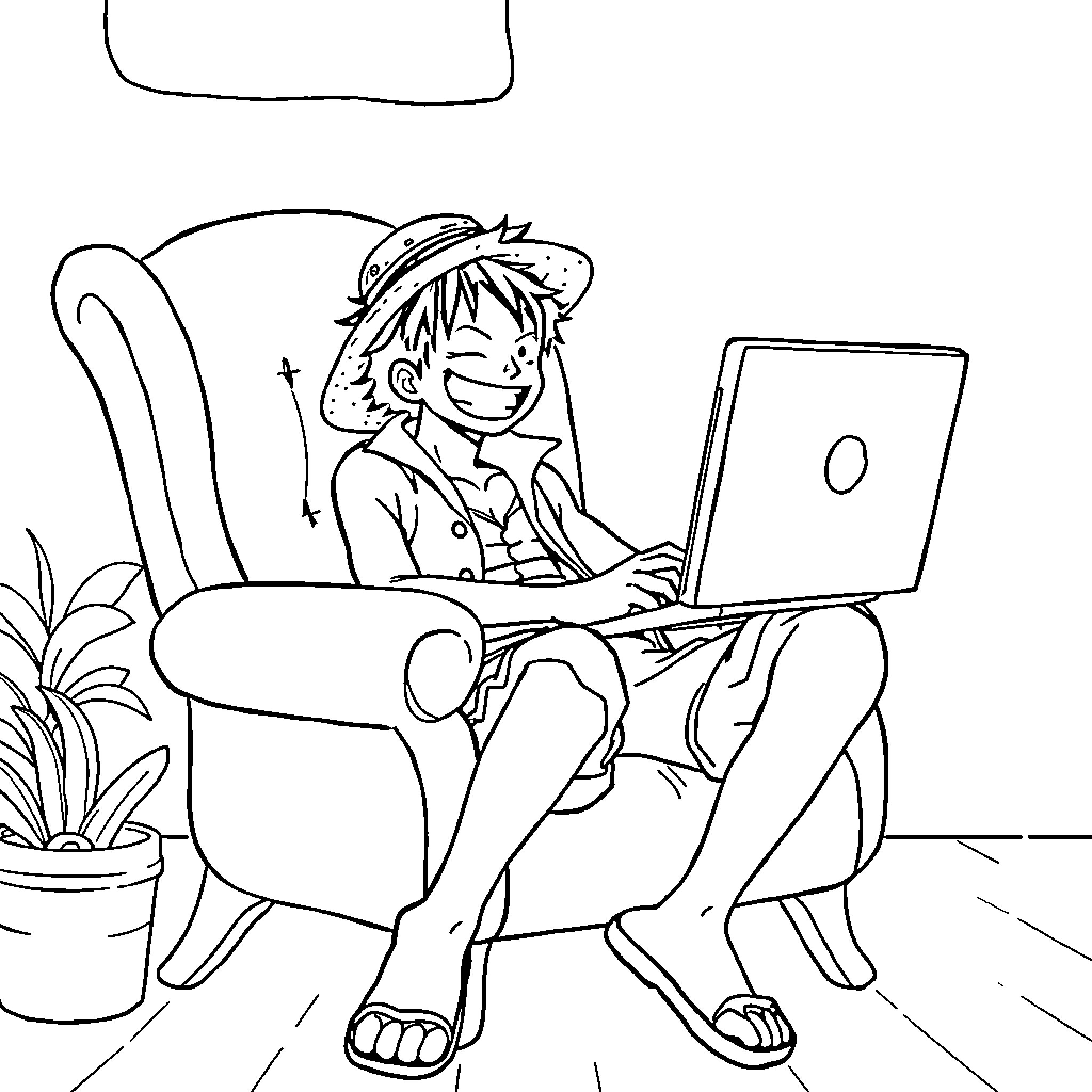 Luffy working happily on his laptop Coloring Page (free black-and-white line drawing printable PDF for all, from beginners to advanced learners, including children, teens, adults, and seniors)
