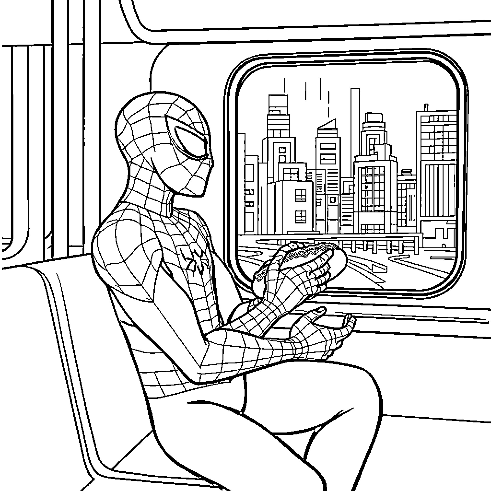 Spiderman riding the subway through cityscape Coloring Page (free black-and-white line drawing printable PDF for all, from beginners to advanced learners, including children, teens, adults, and seniors)