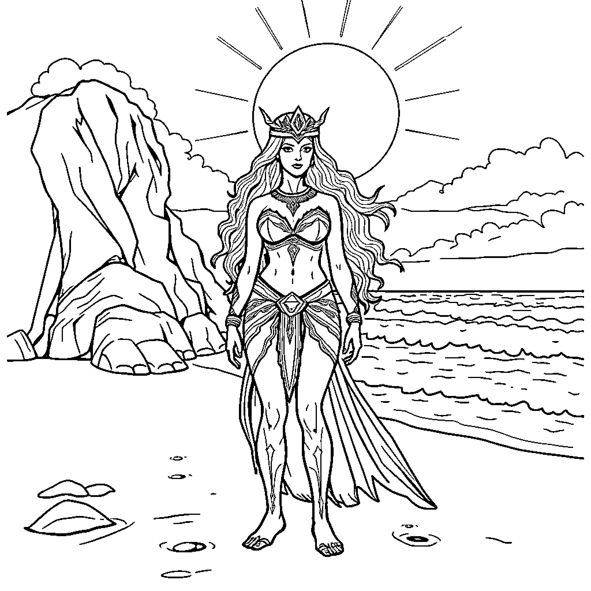 She-Ra standing tall and powerful on the beach Coloring Page (free black-and-white line drawing printable PDF for all, from beginners to advanced learners, including children, teens, adults, and seniors)