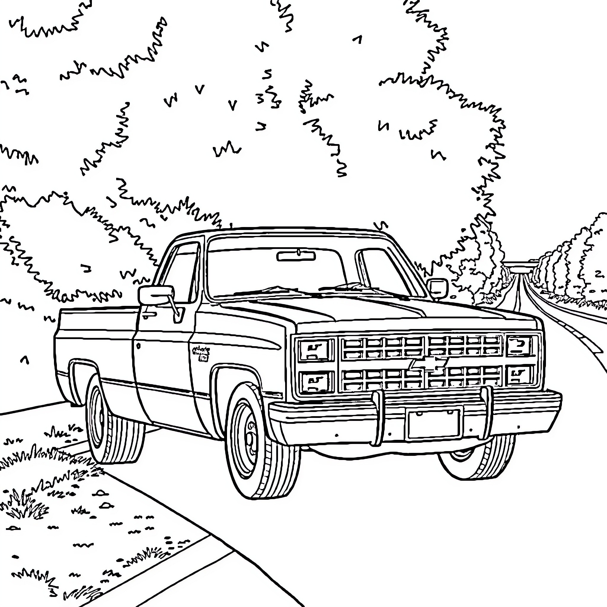 C10 Pickup truck on a rural road Coloring Page (free black-and-white line drawing printable PDF for all, from beginners to advanced learners, including children, teens, adults, and seniors)