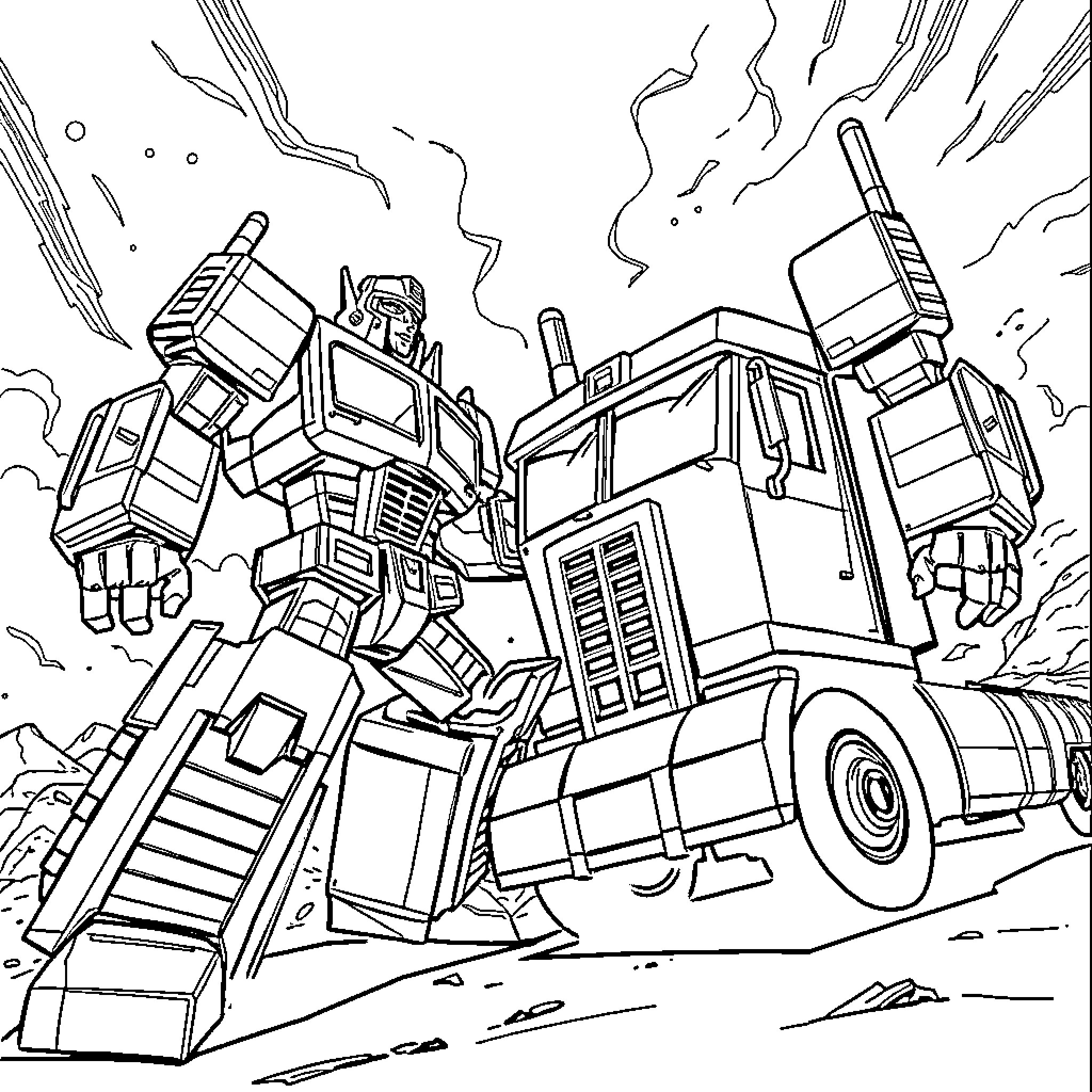 Goldorak's Mighty Mecha Battle in the Ruins Coloring Page (free black-and-white line drawing printable PDF for all, from beginners to advanced learners, including children, teens, adults, and seniors)