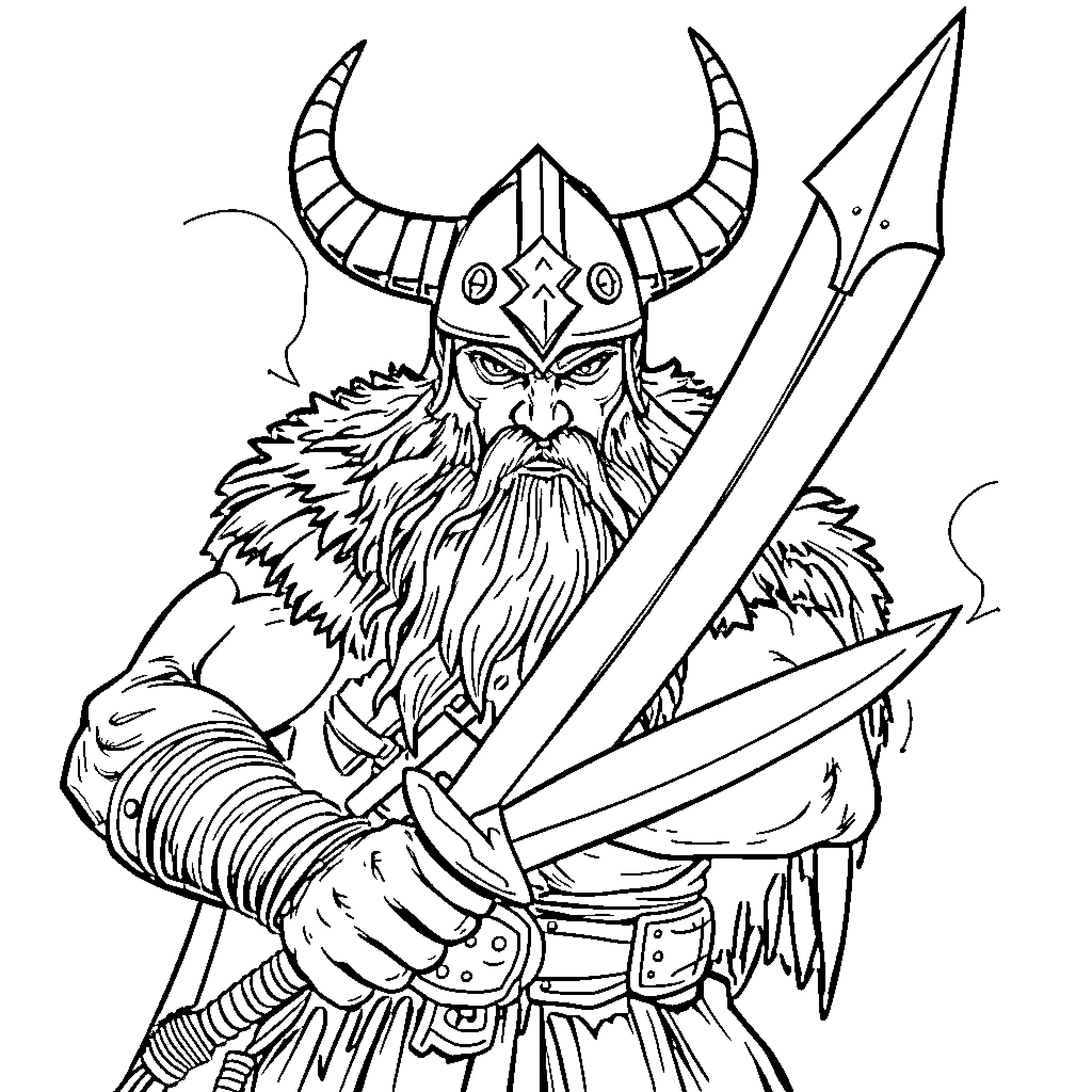 Viking warrior brandishing sword in fierce battle Coloring Page (free black-and-white line drawing printable PDF for all, from beginners to advanced learners, including children, teens, adults, and seniors)