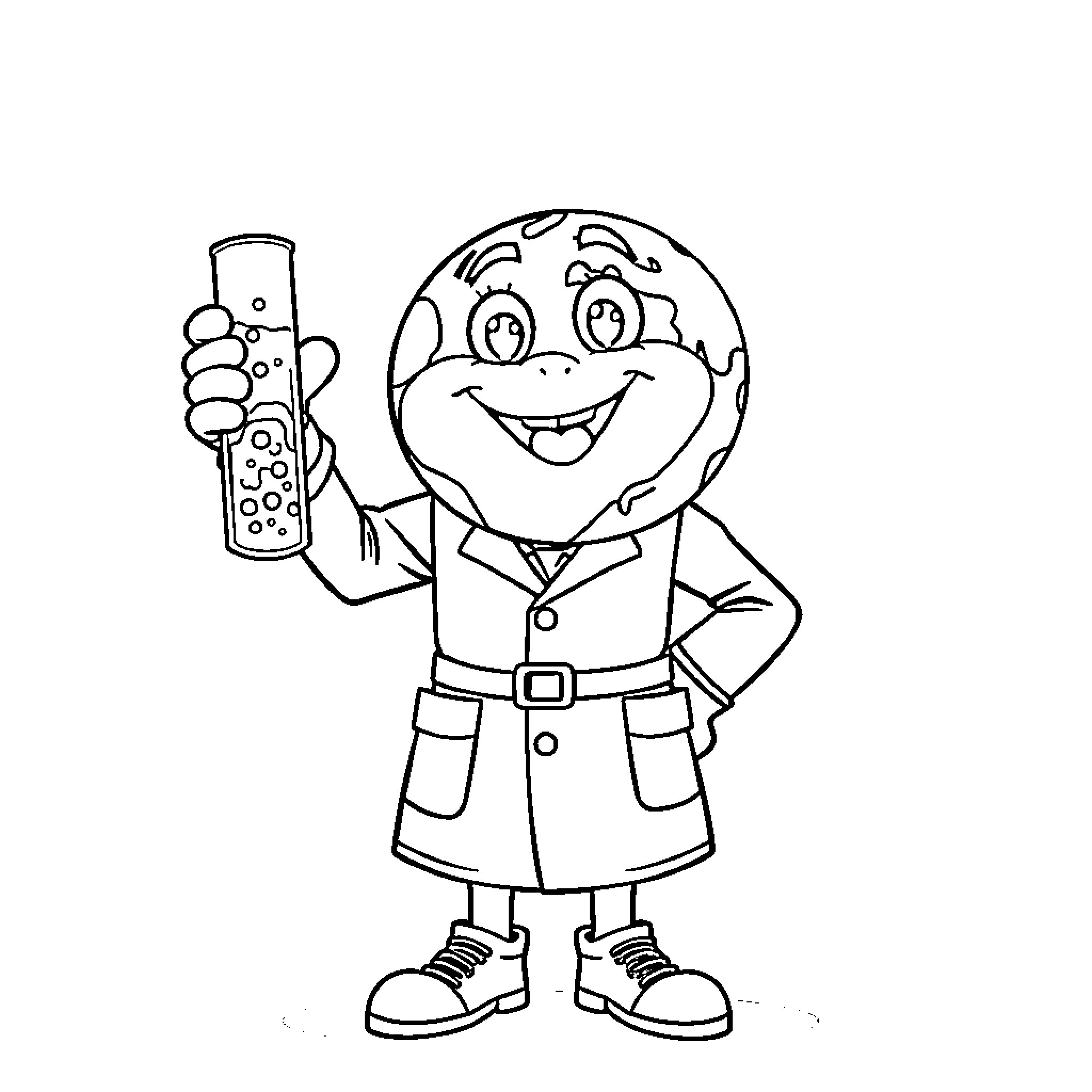 Earth character holding a drink Coloring Page (free black-and-white line drawing printable PDF for all, from beginners to advanced learners, including children, teens, adults, and seniors)