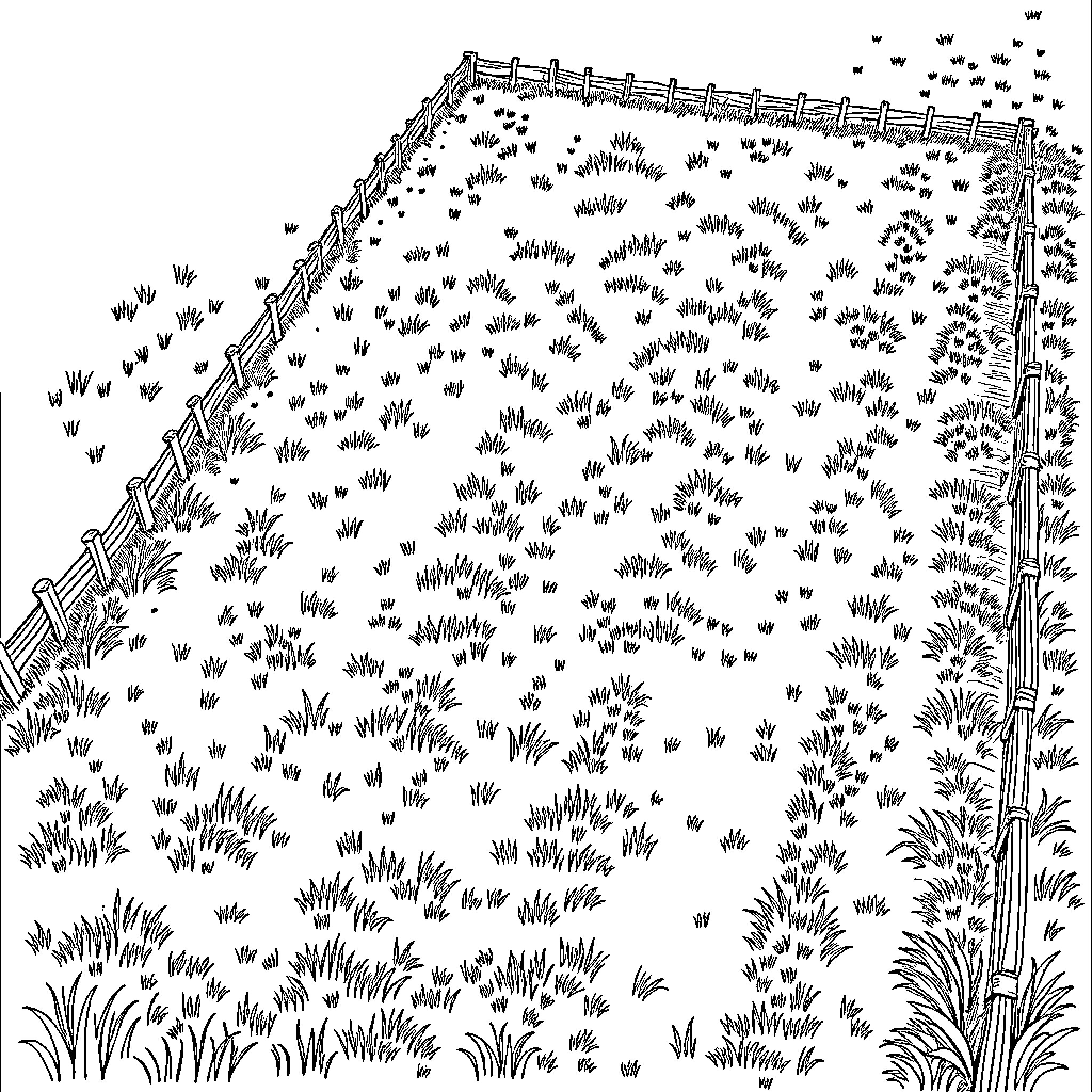 Meadow scene with detailed vegetation and fencing Coloring Page (free black-and-white line drawing printable PDF for all, from beginners to advanced learners, including children, teens, adults, and seniors)