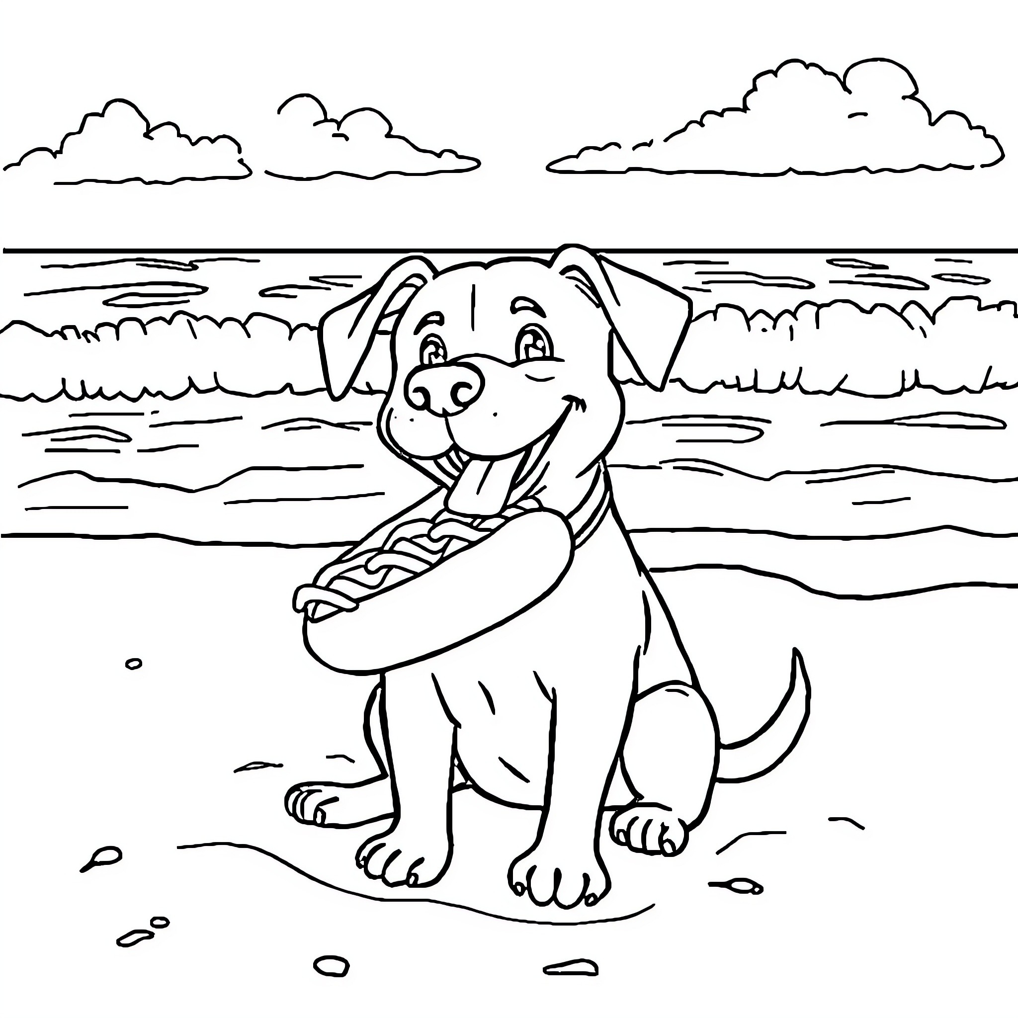 Dog enjoying a day at the beach Coloring Page (free black-and-white line drawing printable PDF for all, from beginners to advanced learners, including children, teens, adults, and seniors)