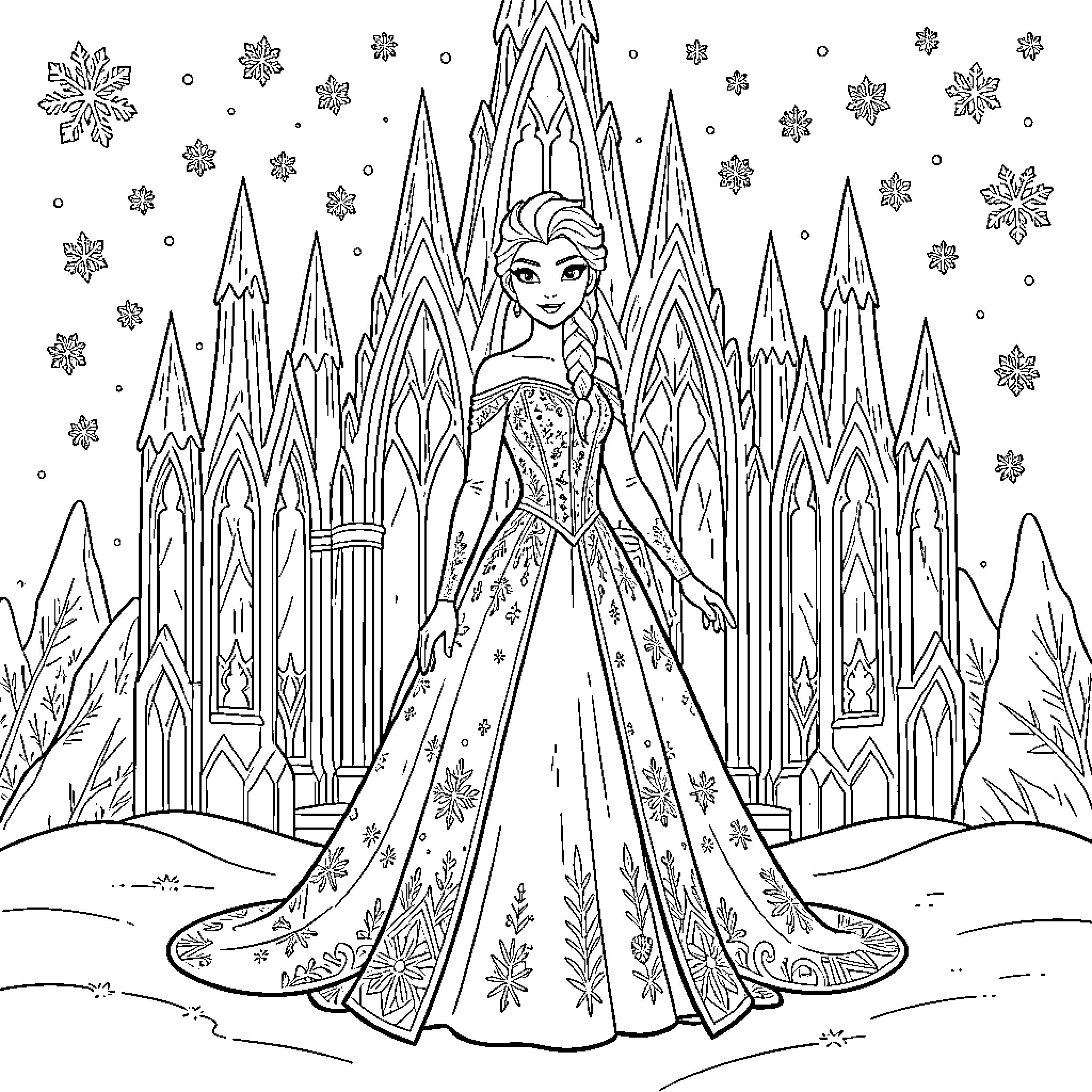 Elsa standing gracefully in front of an ice palace Coloring Page (free black-and-white line drawing printable PDF for all, from beginners to advanced learners, including children, teens, adults, and seniors)