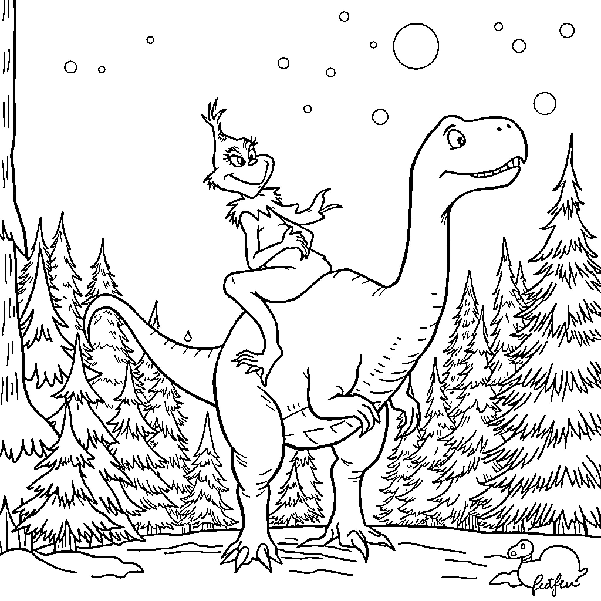 Grinch rides a Dinosaur in a snowy forest Coloring Page (free black-and-white line drawing printable PDF for all, from beginners to advanced learners, including children, teens, adults, and seniors)