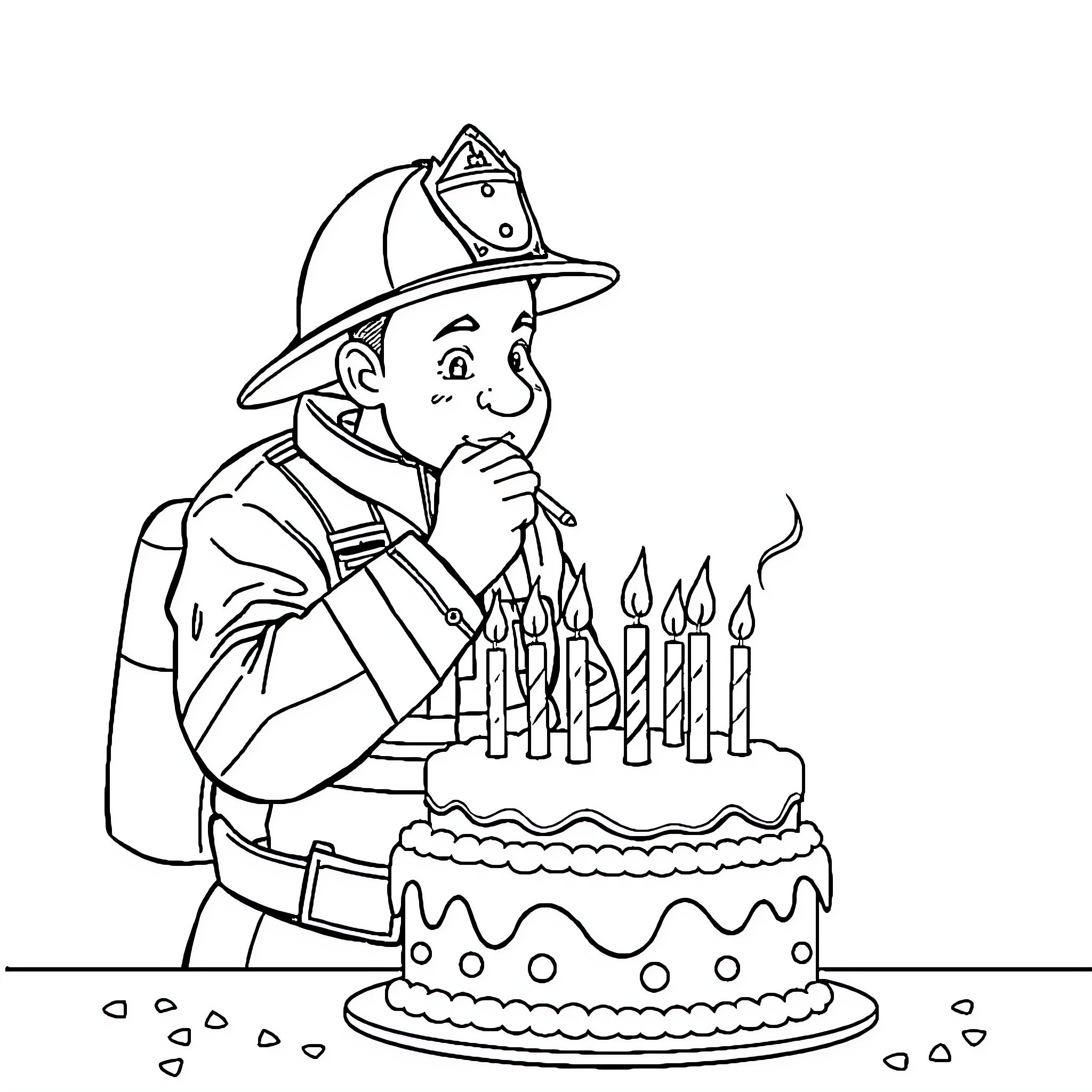 Fireman celebrating birthday with cake and candles Coloring Page (free black-and-white line drawing printable PDF for all, from beginners to advanced learners, including children, teens, adults, and seniors)