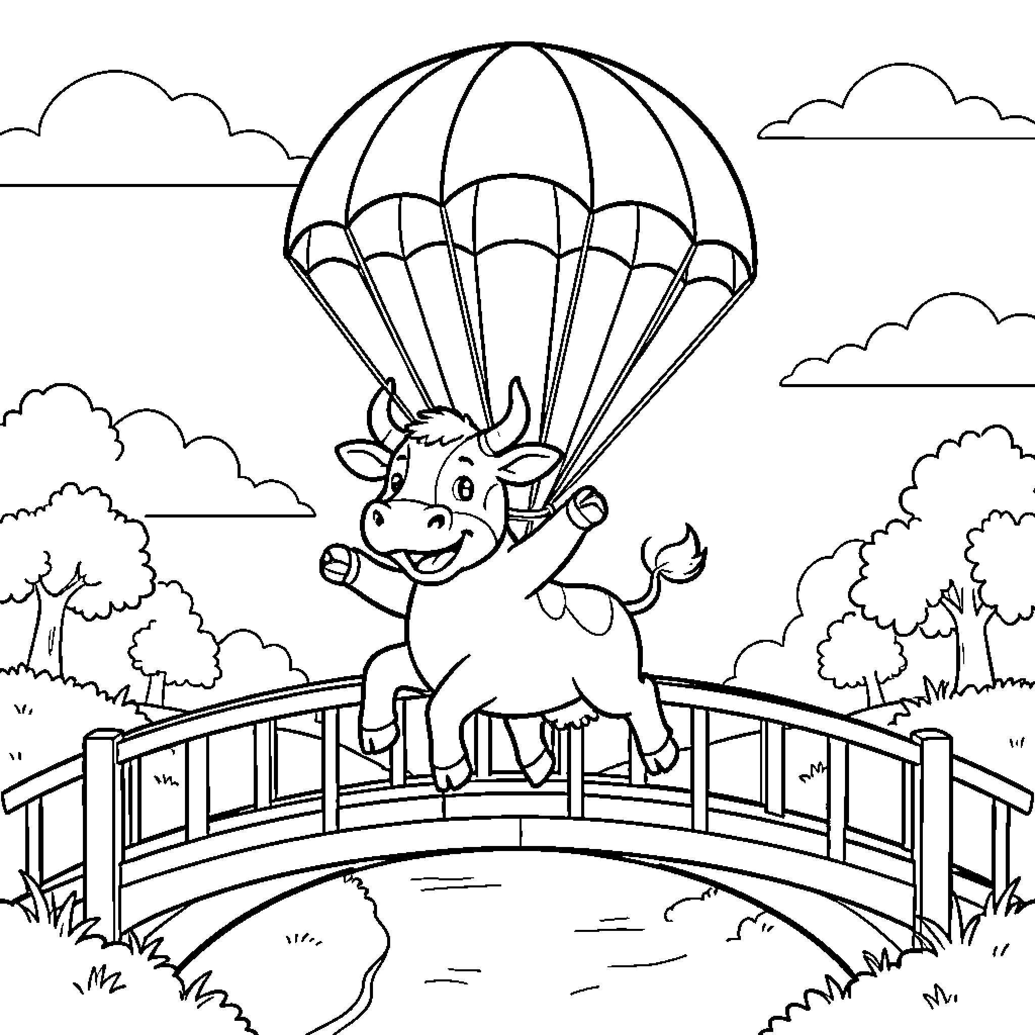 Vaca parachuting over the bridge in a meadow Coloring Page (free black-and-white line drawing printable PDF for all, from beginners to advanced learners, including children, teens, adults, and seniors)