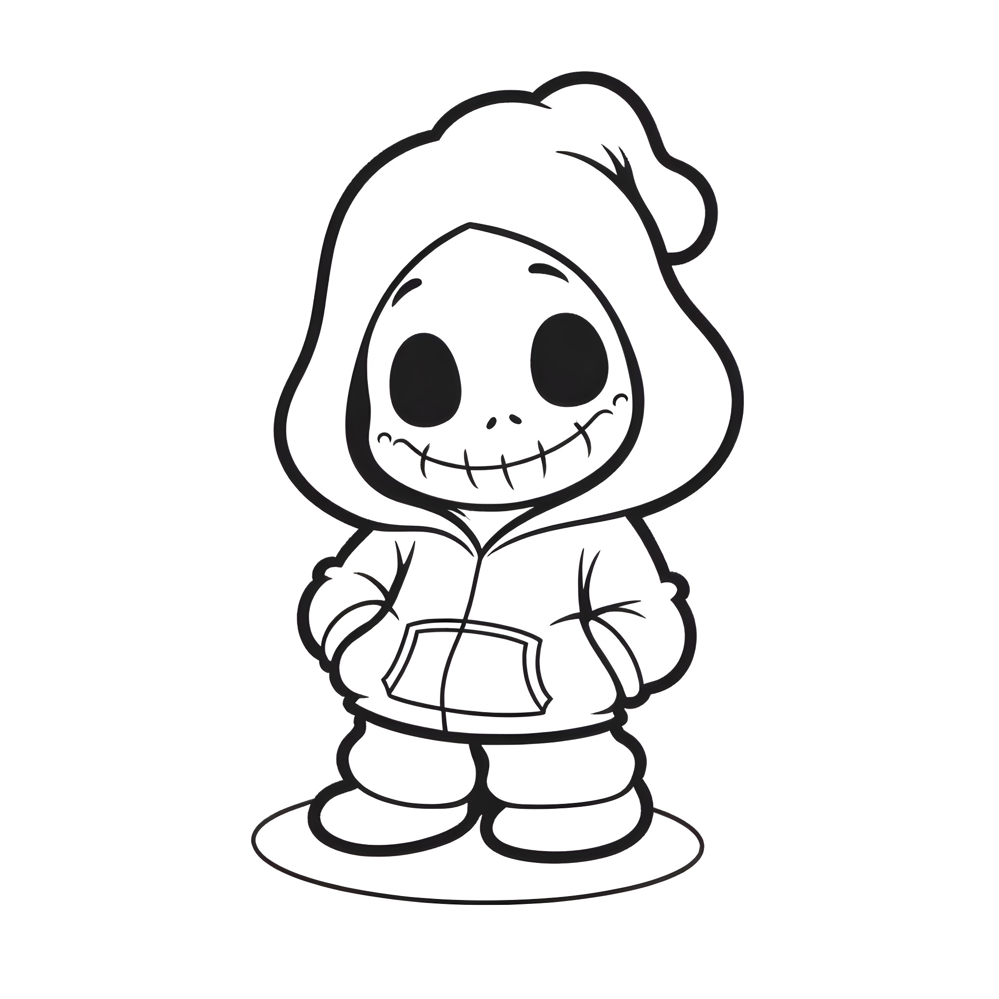 Sans Smiling Skeleton Wearing Hoodie Coloring Page (free black-and-white line drawing printable PDF for all, from beginners to advanced learners, including children, teens, adults, and seniors)