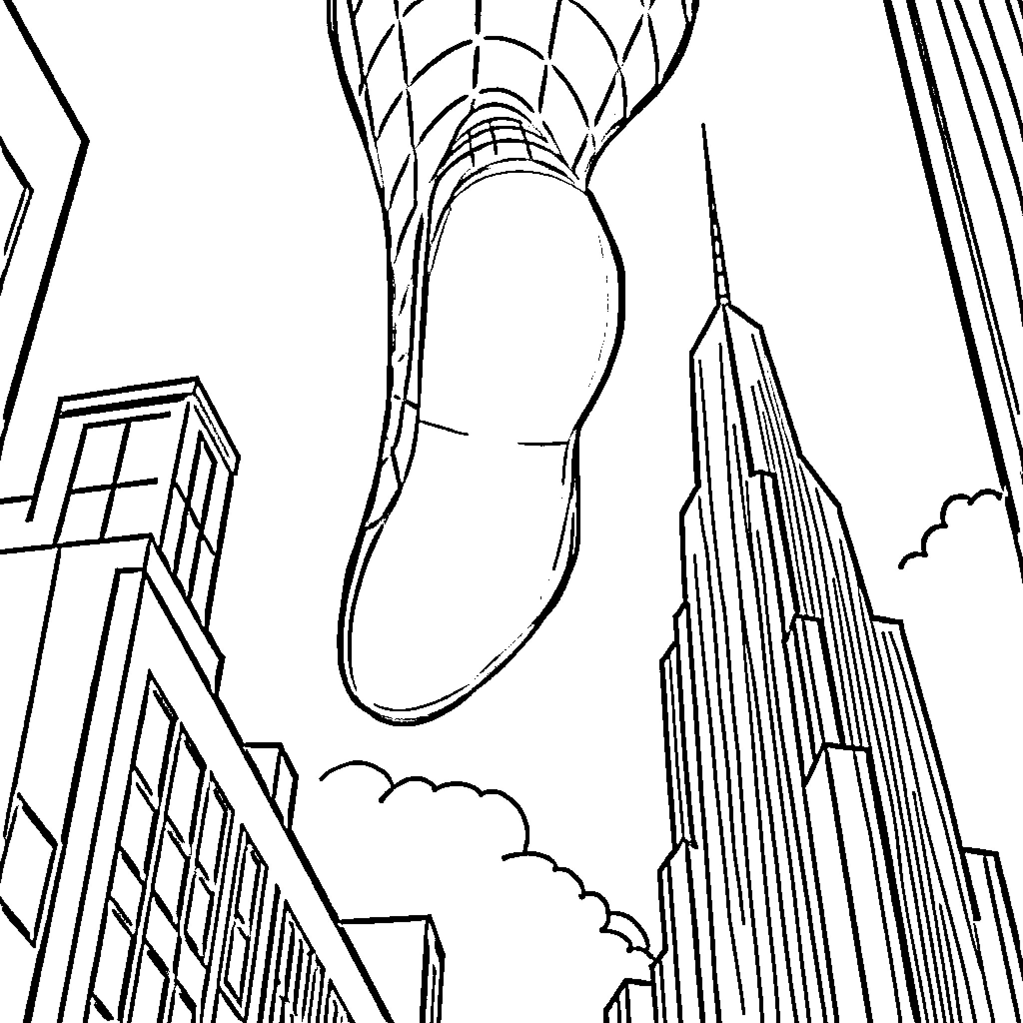 Spider-Man web-slinging through the city skyline Coloring Page (free black-and-white line drawing printable PDF for all, from beginners to advanced learners, including children, teens, adults, and seniors)