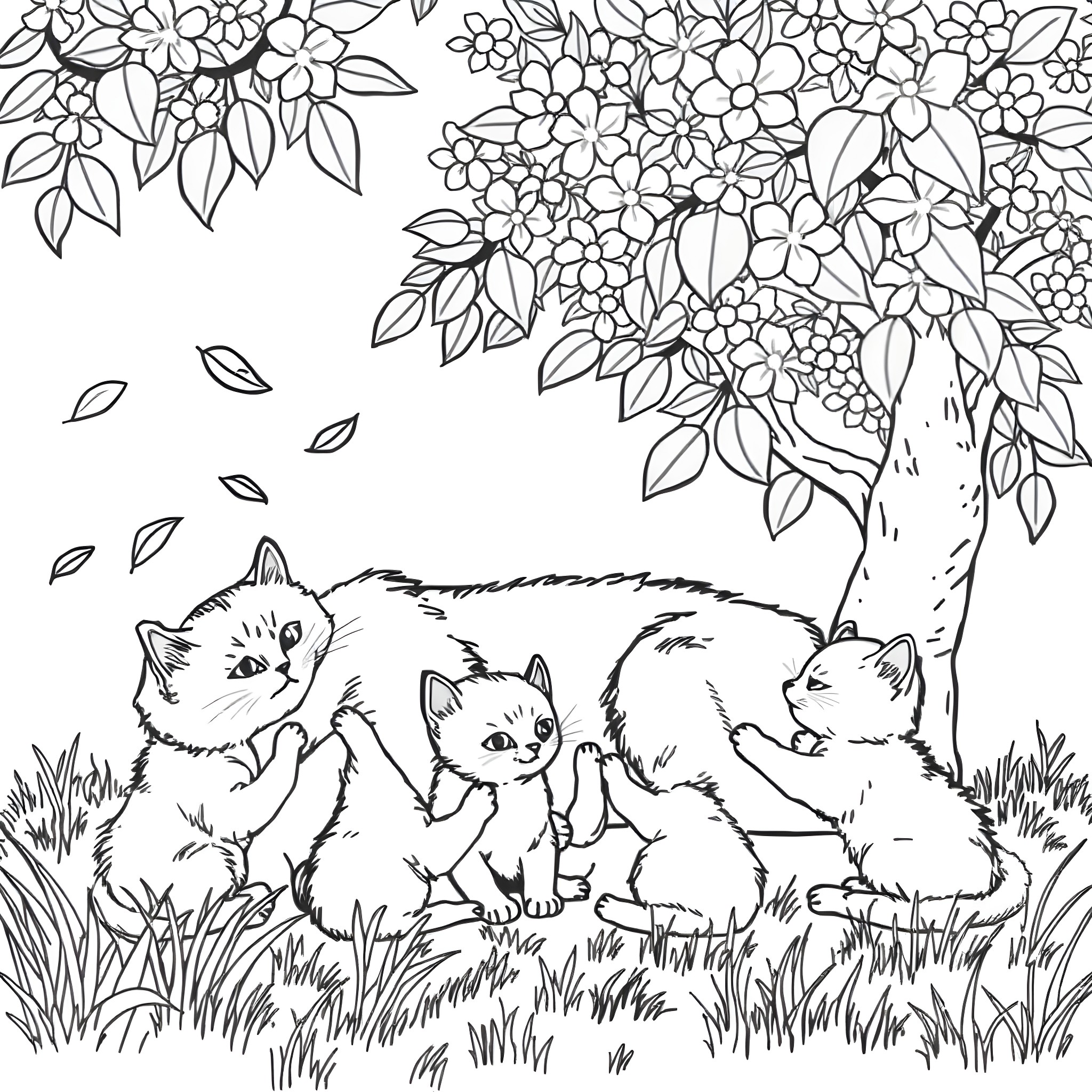Cats playing beneath flowering tree Coloring Page (free black-and-white line drawing printable PDF for all, from beginners to advanced learners, including children, teens, adults, and seniors)