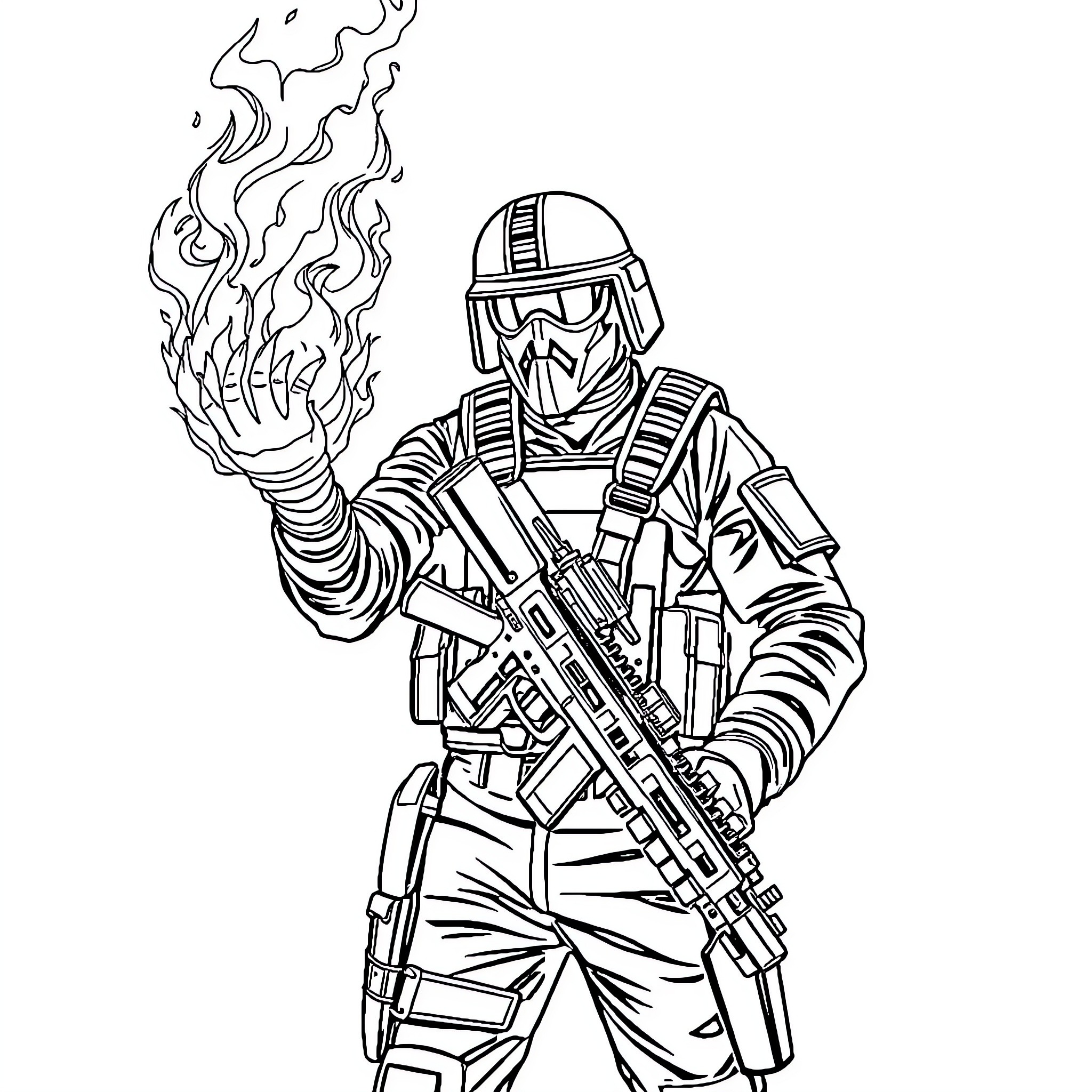 Commando soldier in combat gear with flaming weapon Coloring Page (free black-and-white line drawing printable PDF for all, from beginners to advanced learners, including children, teens, adults, and seniors)