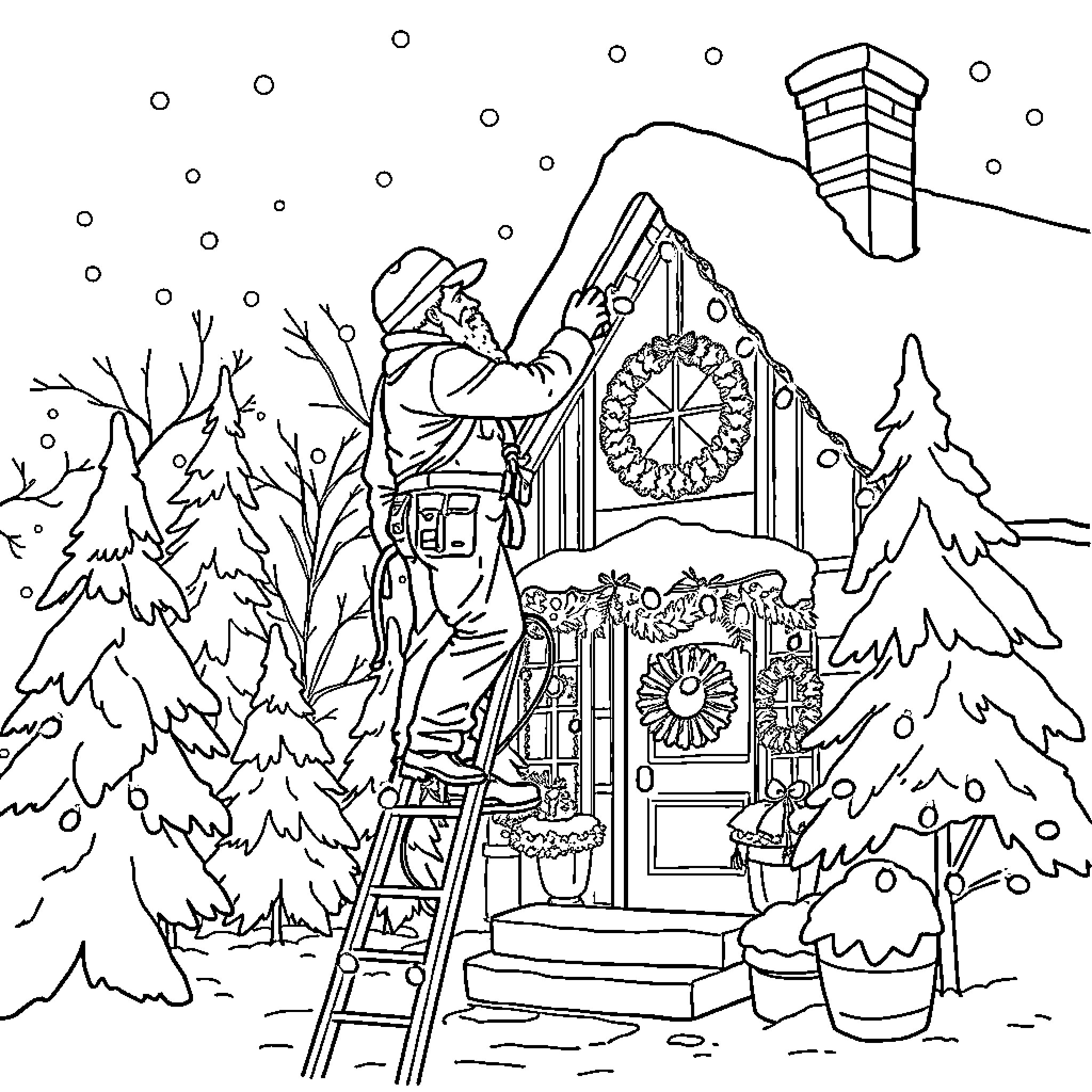 Electrician Decorating Snowy Holiday Home Coloring Page (free black-and-white line drawing printable PDF for all, from beginners to advanced learners, including children, teens, adults, and seniors)