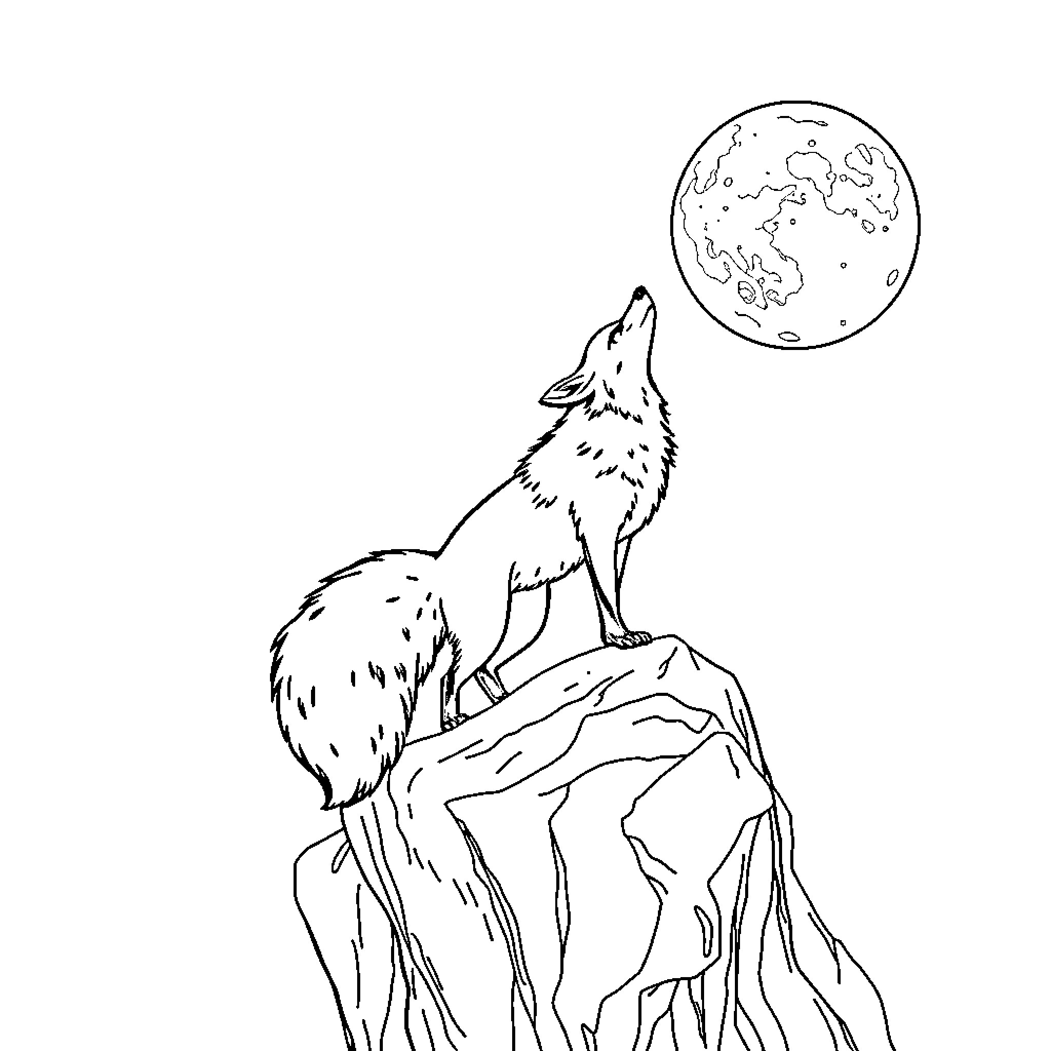Fox howling at the moon on a rocky cliff Coloring Page (free black-and-white line drawing printable PDF for all, from beginners to advanced learners, including children, teens, adults, and seniors)