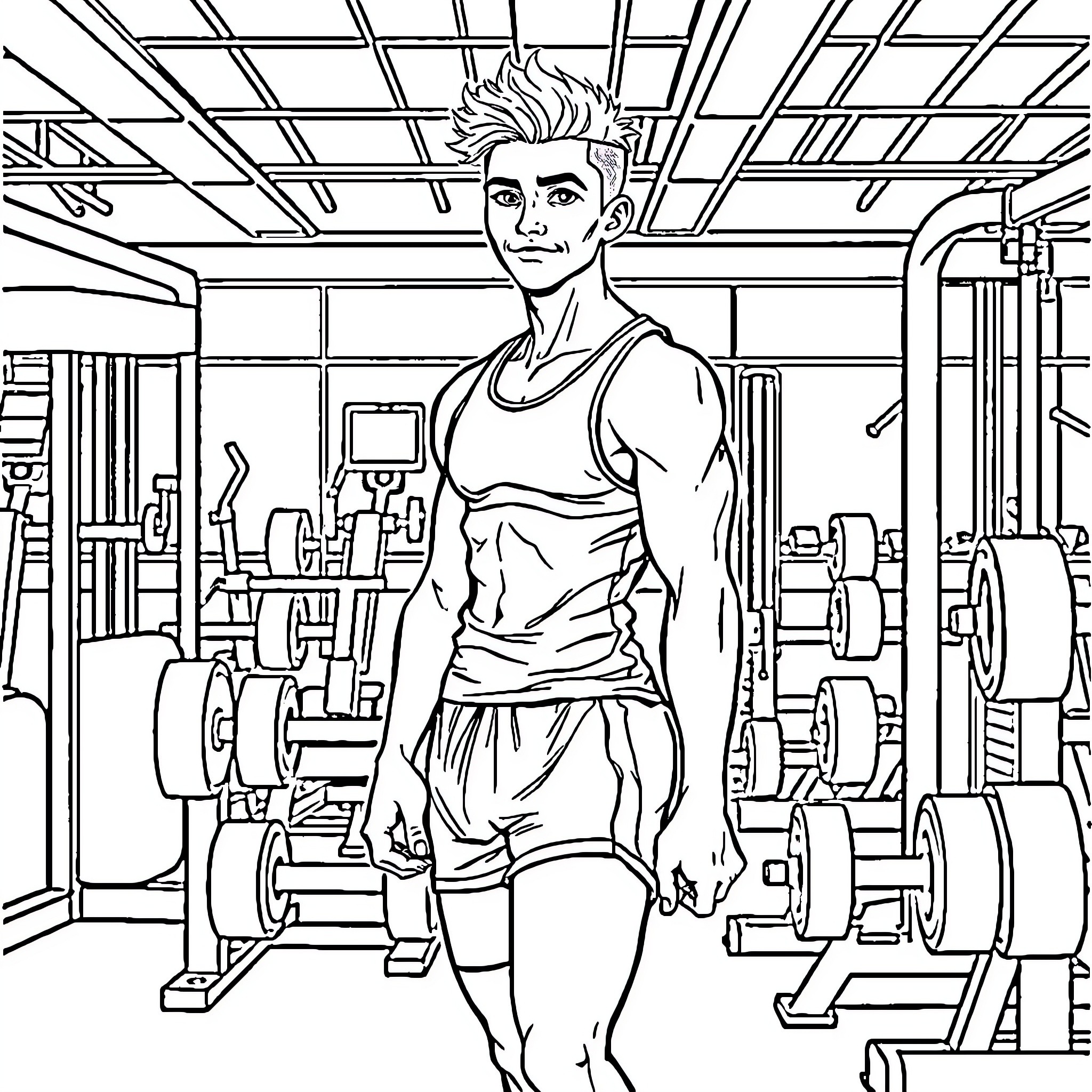 Non Binary Person Exercising at the Gym Coloring Page (free black-and-white line drawing printable PDF for all, from beginners to advanced learners, including children, teens, adults, and seniors)