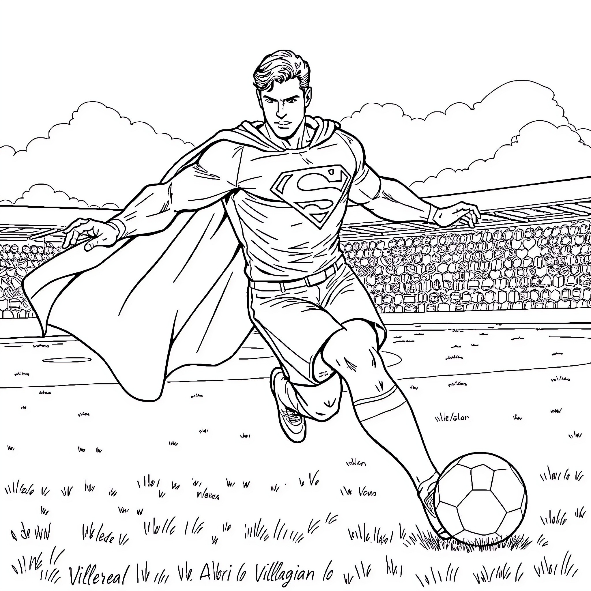 Superman showcasing his superhuman strength and speed on the soccer field Coloring Page (free black-and-white line drawing printable PDF for all, from beginners to advanced learners, including children, teens, adults, and seniors)