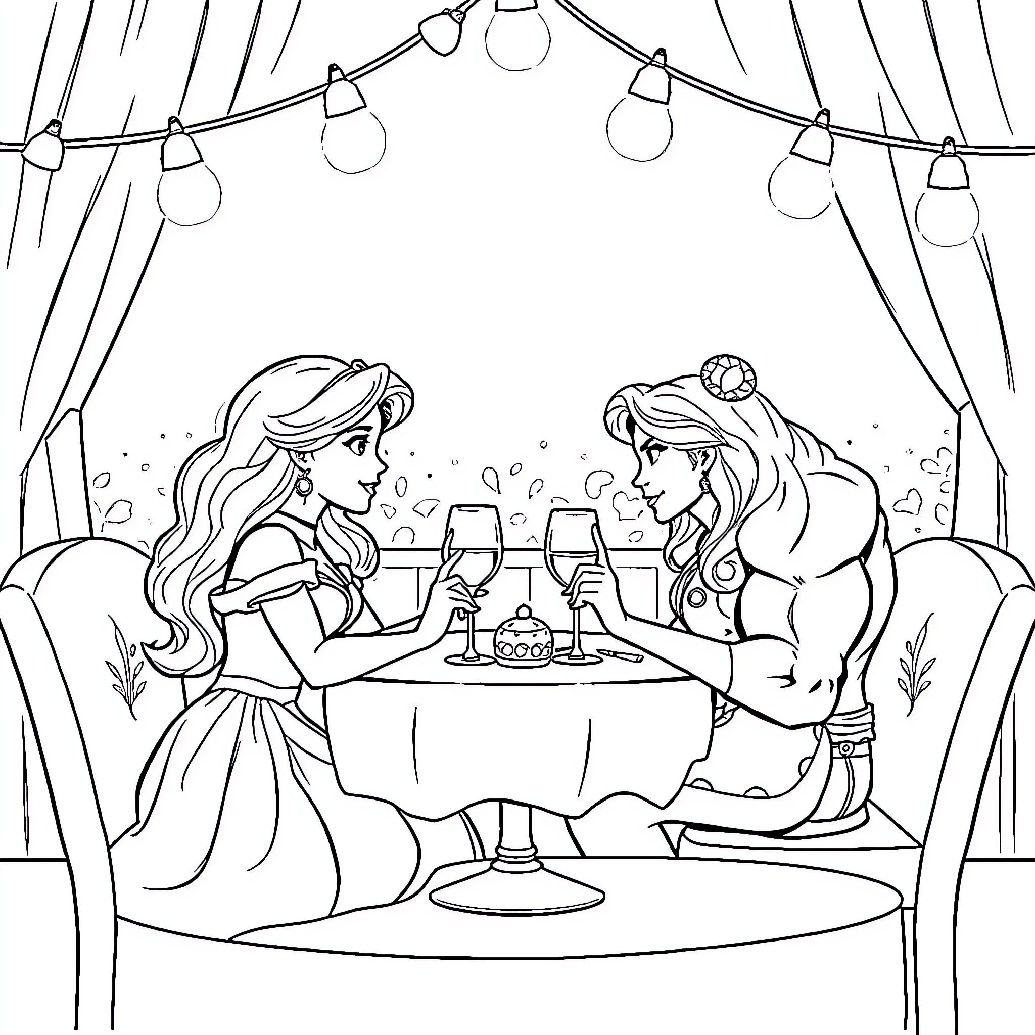 Hulk characters enjoying a fancy dinner date Coloring Page (free black-and-white line drawing printable PDF for all, from beginners to advanced learners, including children, teens, adults, and seniors)