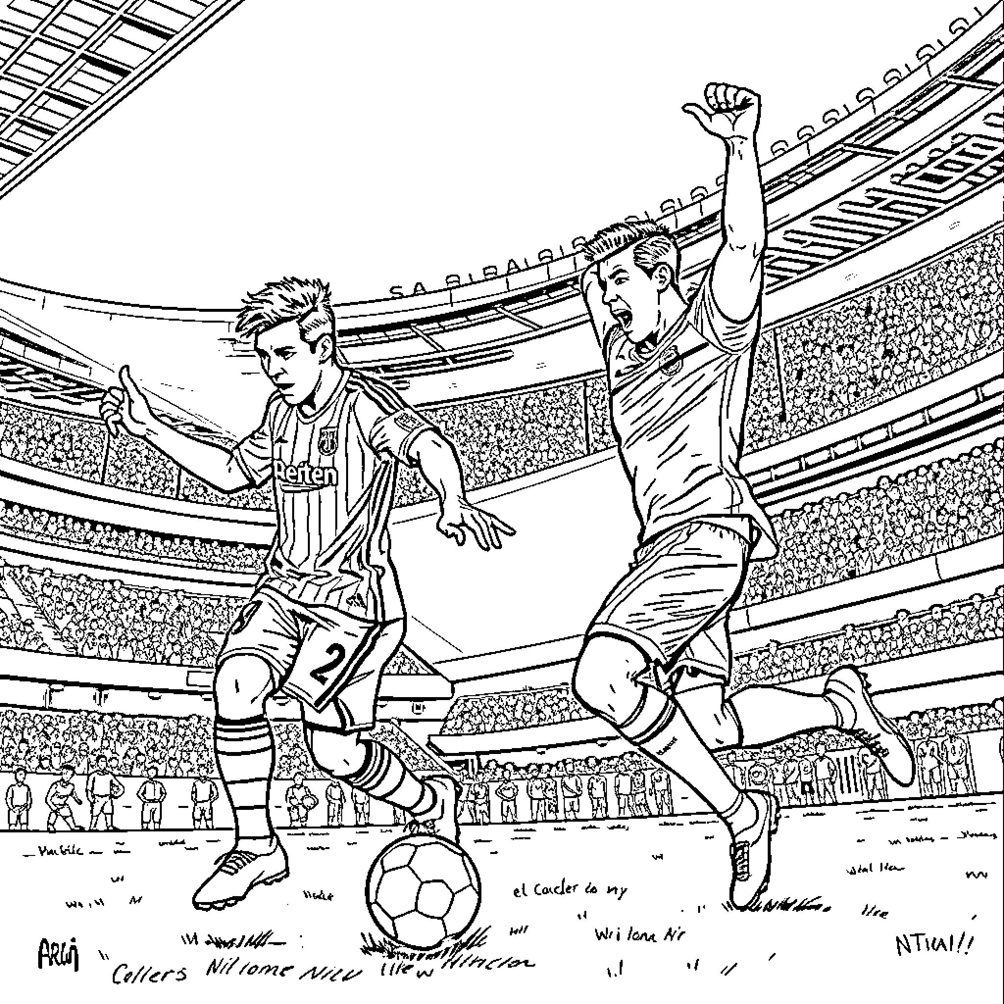Tralarero Soccer Players Competing on the Field Coloring Page (free black-and-white line drawing printable PDF for all, from beginners to advanced learners, including children, teens, adults, and seniors)