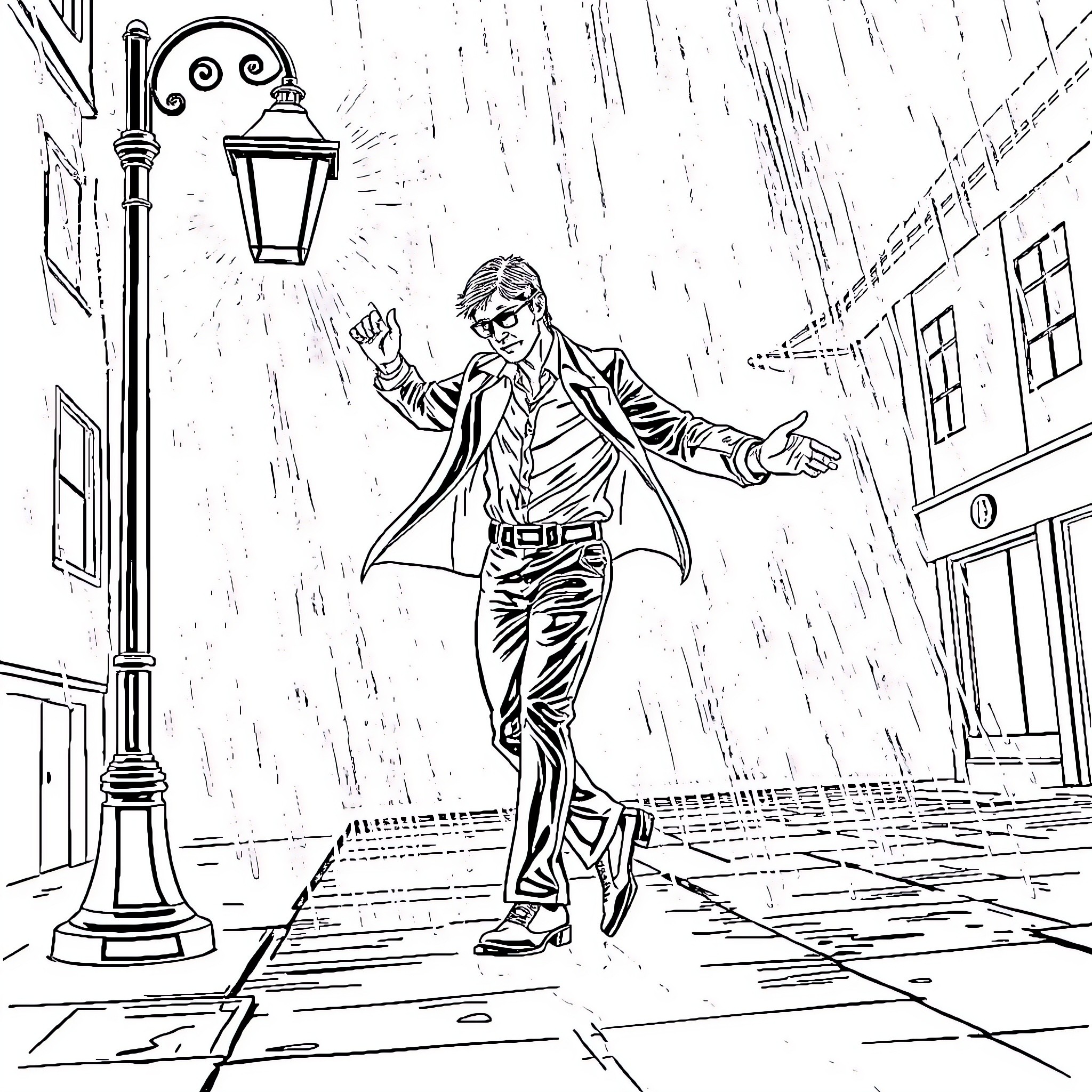 Rick Deckard running in the rain through a city street Coloring Page (free black-and-white line drawing printable PDF for all, from beginners to advanced learners, including children, teens, adults, and seniors)