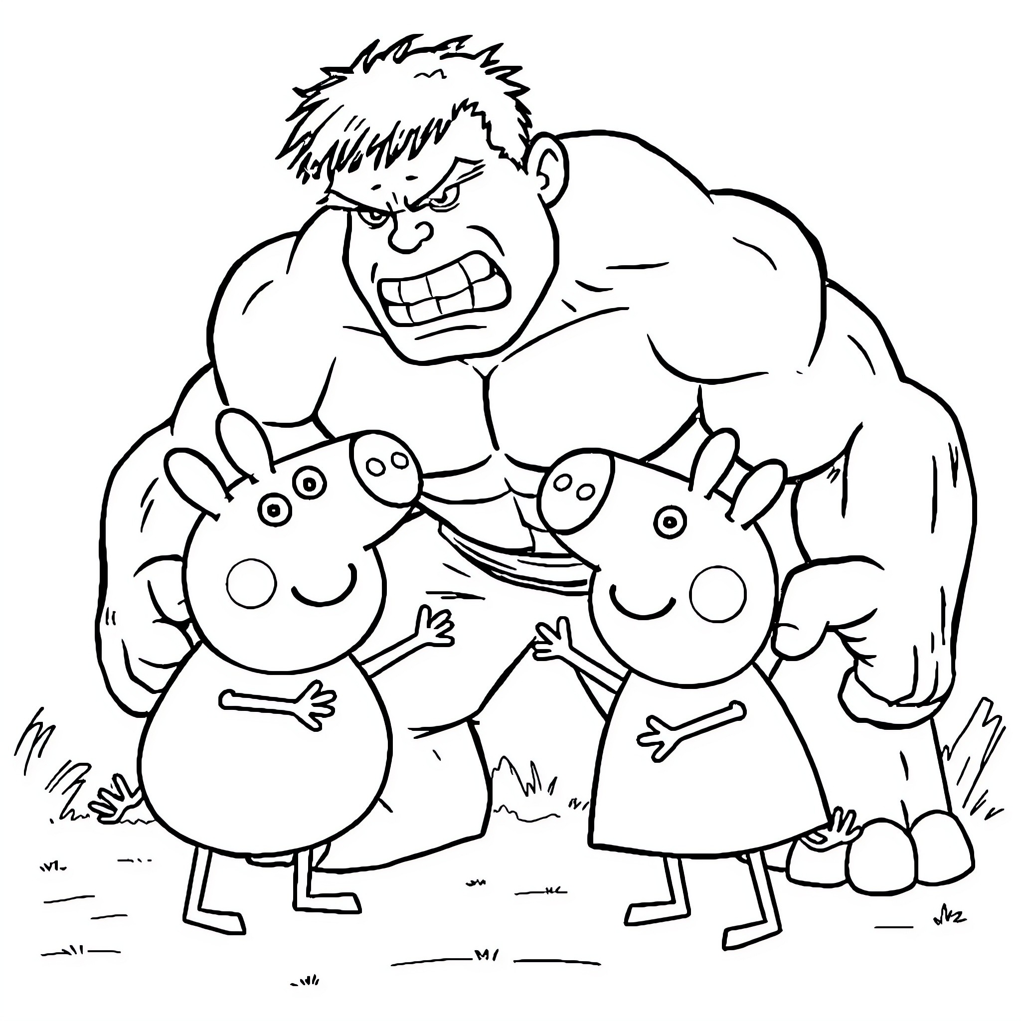 Peppa Pig and friends encounter a large monster Coloring Page (free black-and-white line drawing printable PDF for all, from beginners to advanced learners, including children, teens, adults, and seniors)