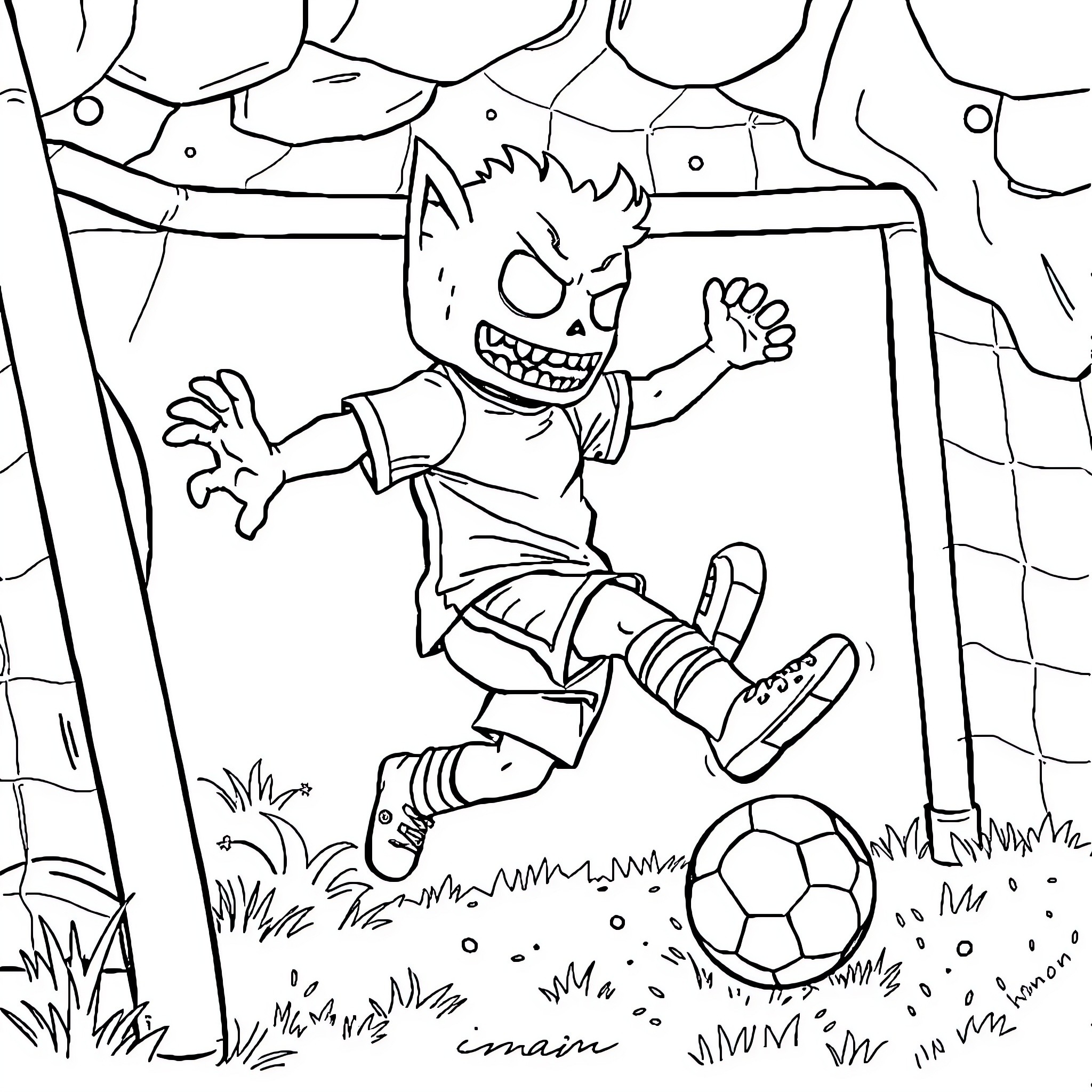 Creeper Boy Kicking Soccer Ball in Backyard Coloring Page (free black-and-white line drawing printable PDF for all, from beginners to advanced learners, including children, teens, adults, and seniors)