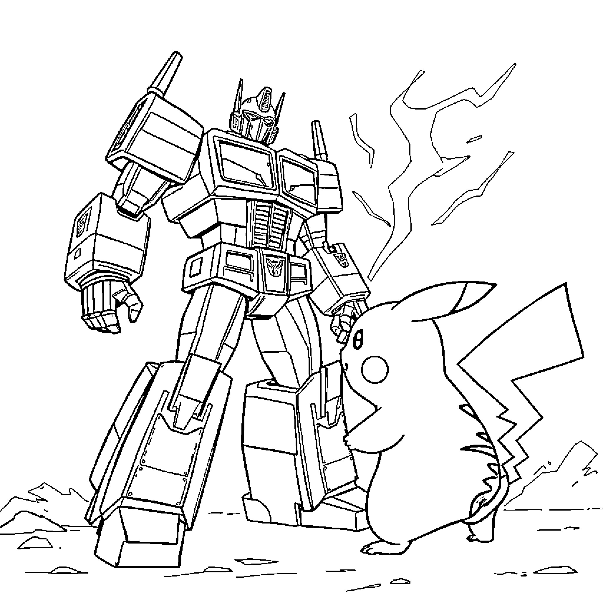 Optimus Prime in Action with Pikachu Coloring Page (free black-and-white line drawing printable PDF for all, from beginners to advanced learners, including children, teens, adults, and seniors)