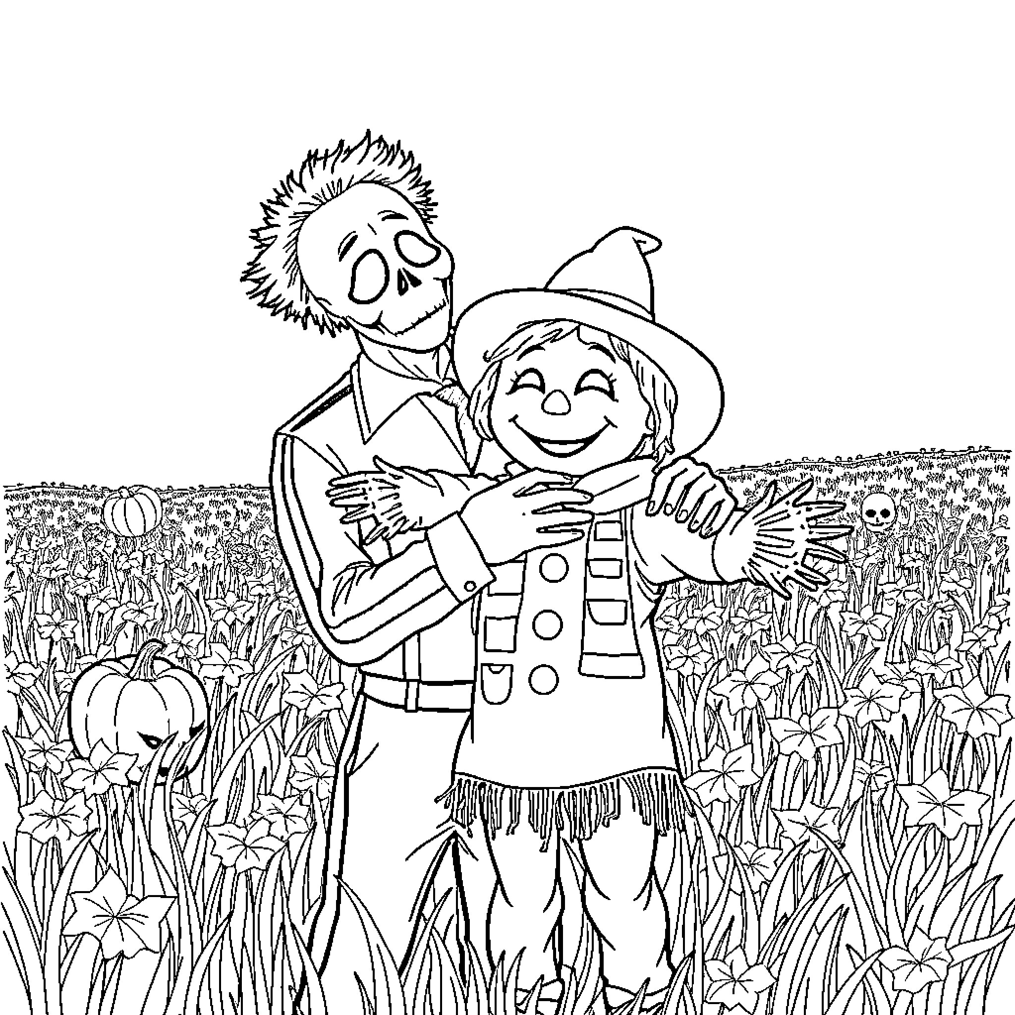 Michael Myers embracing Scarecrow in haunting field Coloring Page (free black-and-white line drawing printable PDF for all, from beginners to advanced learners, including children, teens, adults, and seniors)