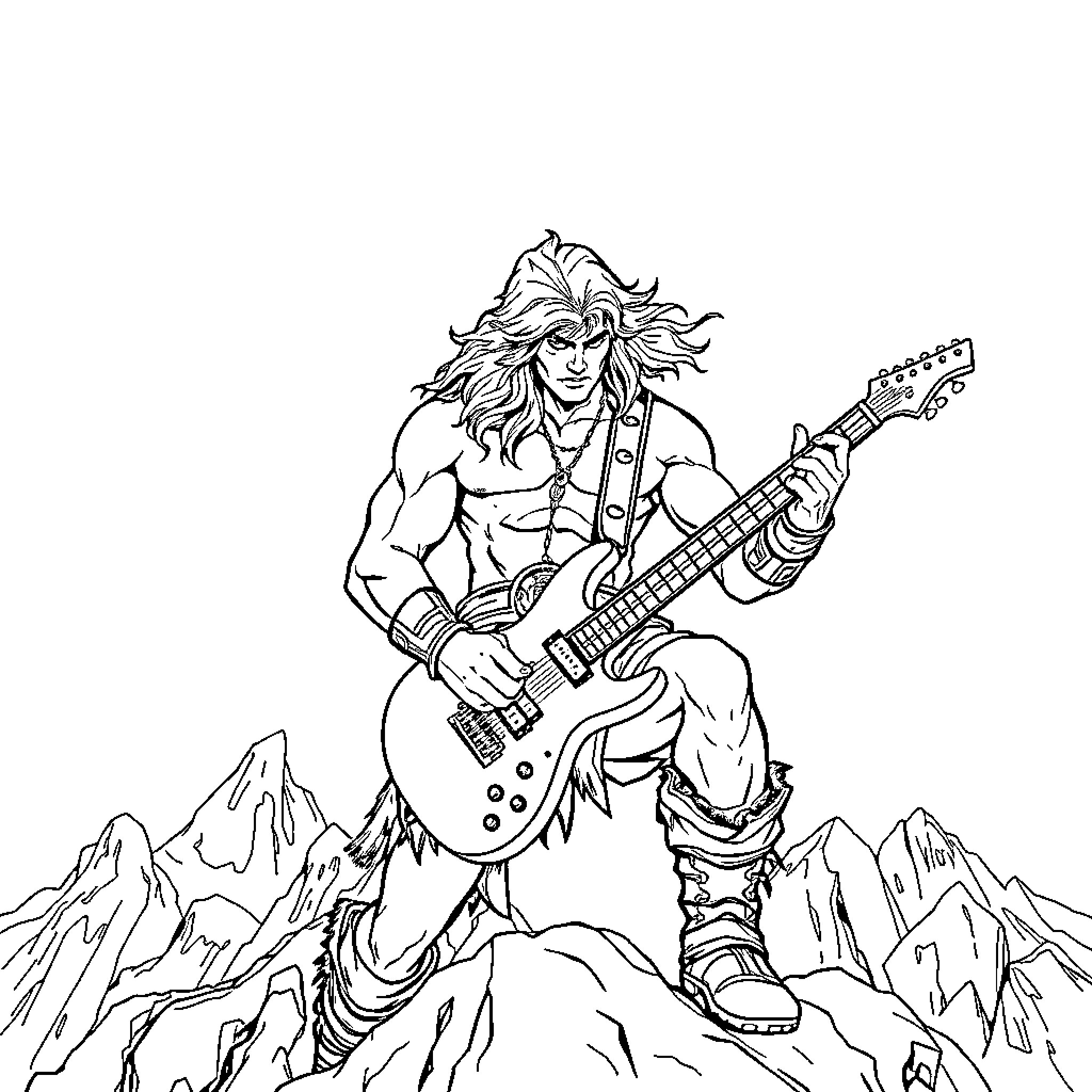 Conan the Barbarian shreds epic guitar solo on mountaintop Coloring Page (free black-and-white line drawing printable PDF for all, from beginners to advanced learners, including children, teens, adults, and seniors)
