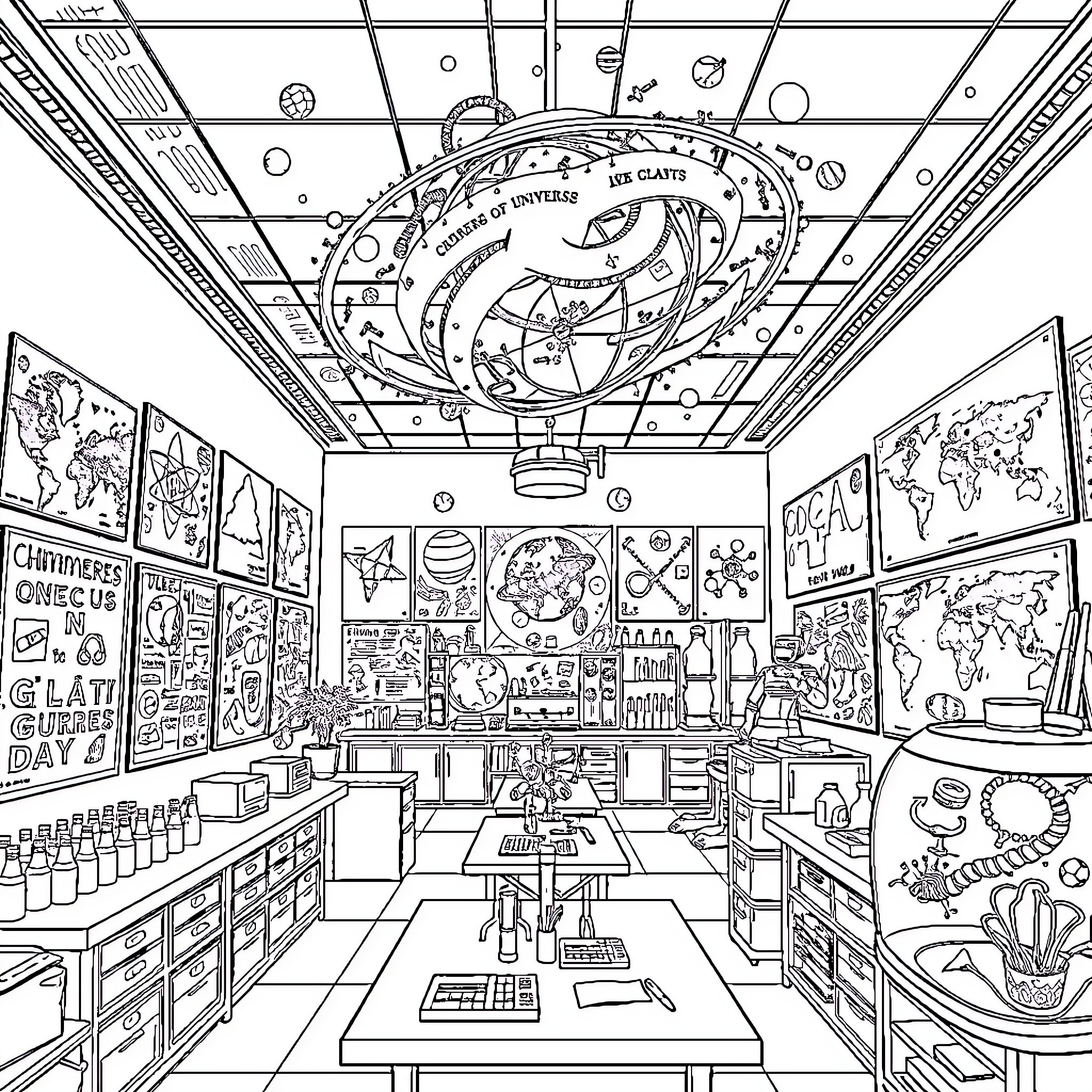 Science classroom filled with educational decor and visuals Coloring Page (free black-and-white line drawing printable PDF for all, from beginners to advanced learners, including children, teens, adults, and seniors)