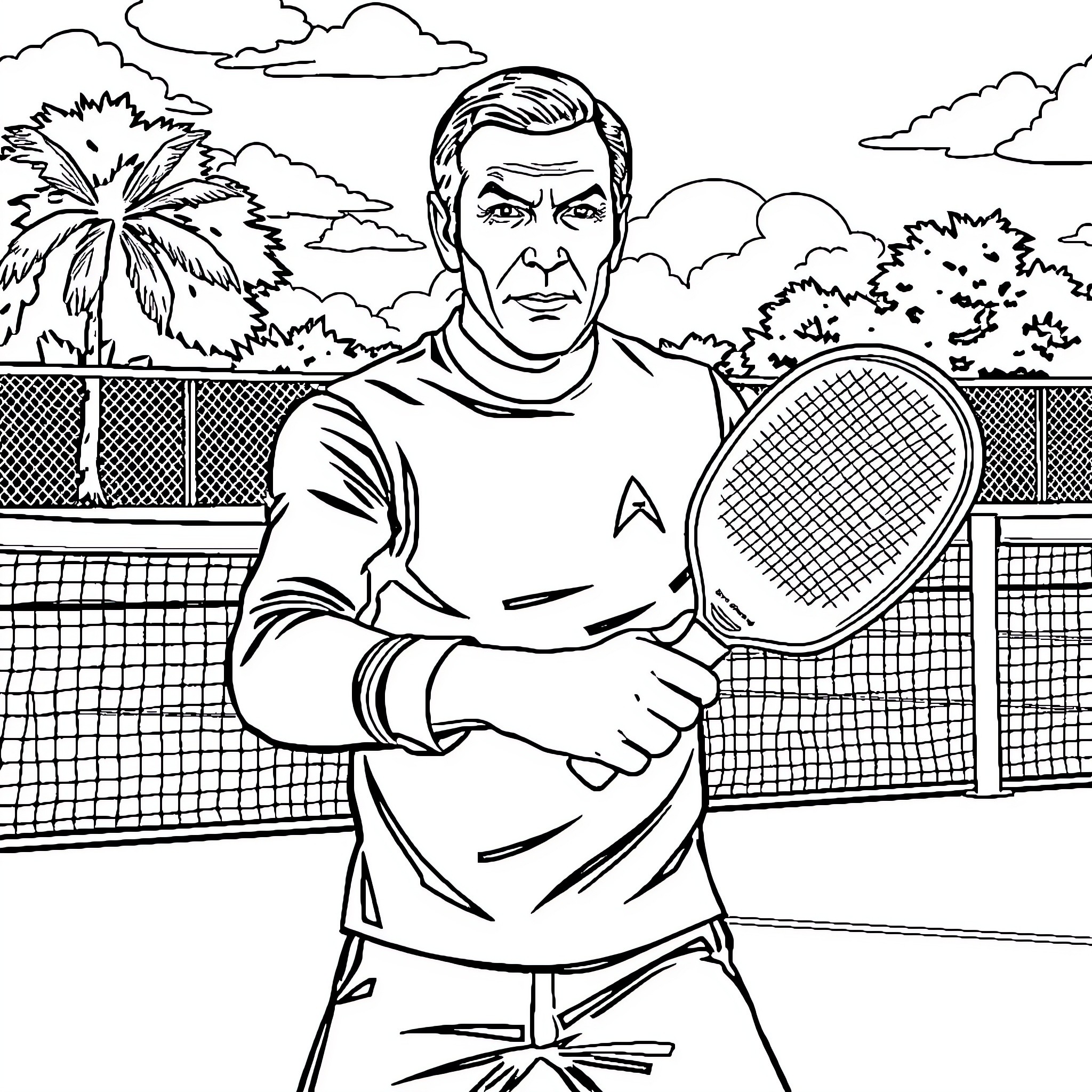 Captain Kirk on the Tennis Court Coloring Page (free black-and-white line drawing printable PDF for all, from beginners to advanced learners, including children, teens, adults, and seniors)