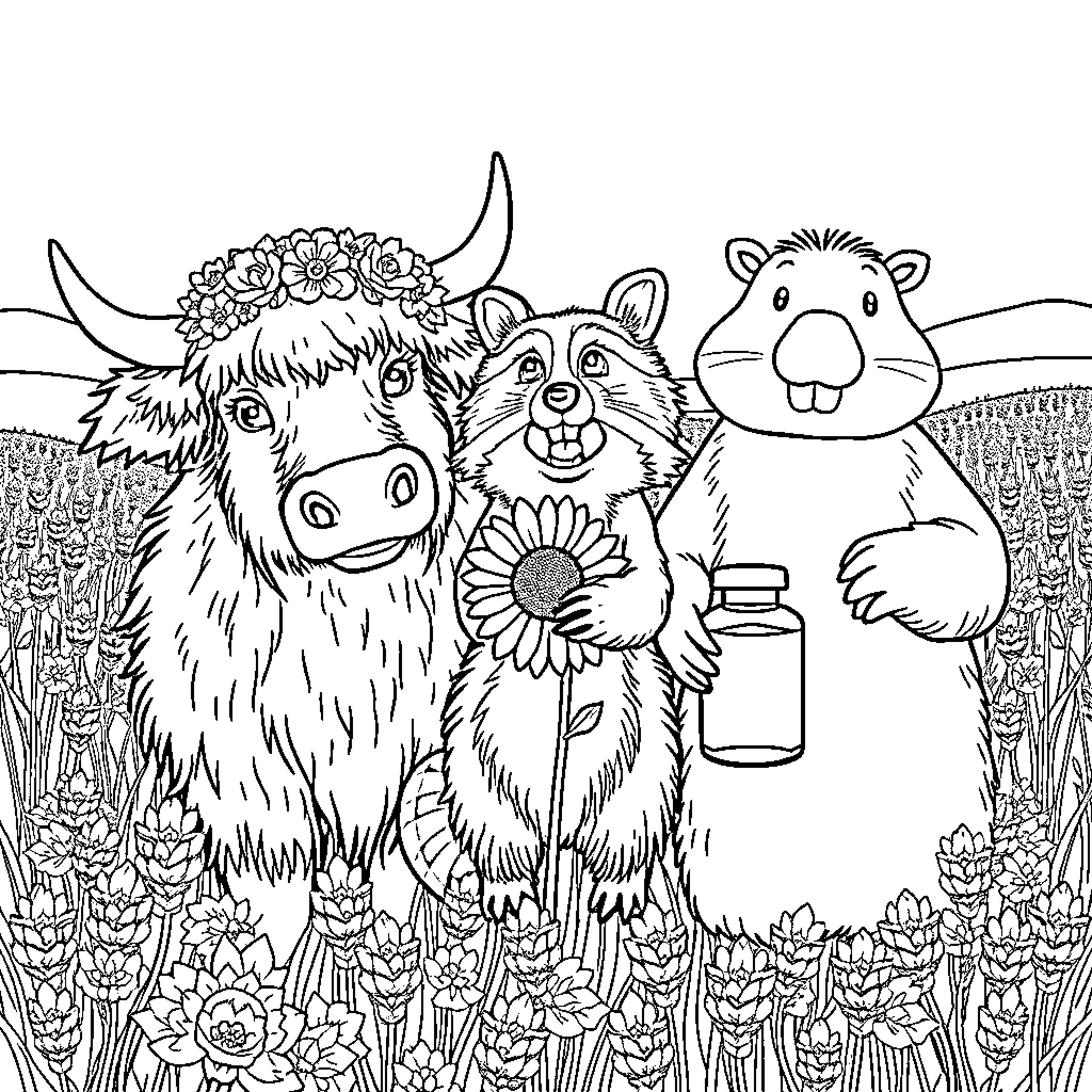 Highland Cow in Flower Field with Companions Coloring Page (free black-and-white line drawing printable PDF for all, from beginners to advanced learners, including children, teens, adults, and seniors)