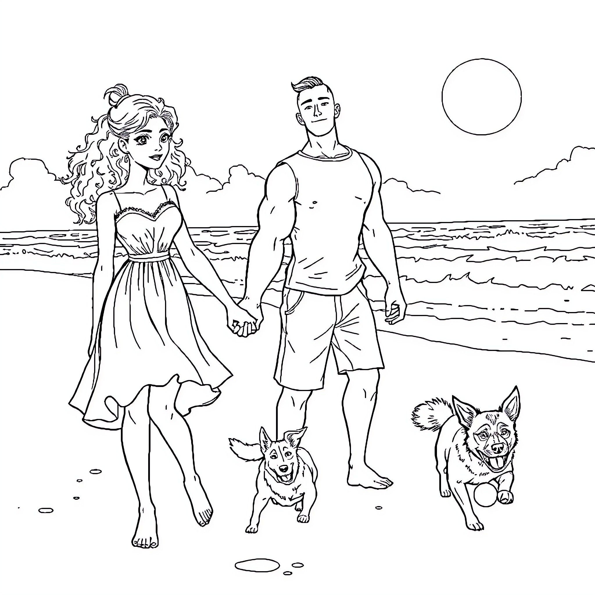 Girl and Boy Strolling on the Beach with Dogs Coloring Page (free black-and-white line drawing printable PDF for all, from beginners to advanced learners, including children, teens, adults, and seniors)