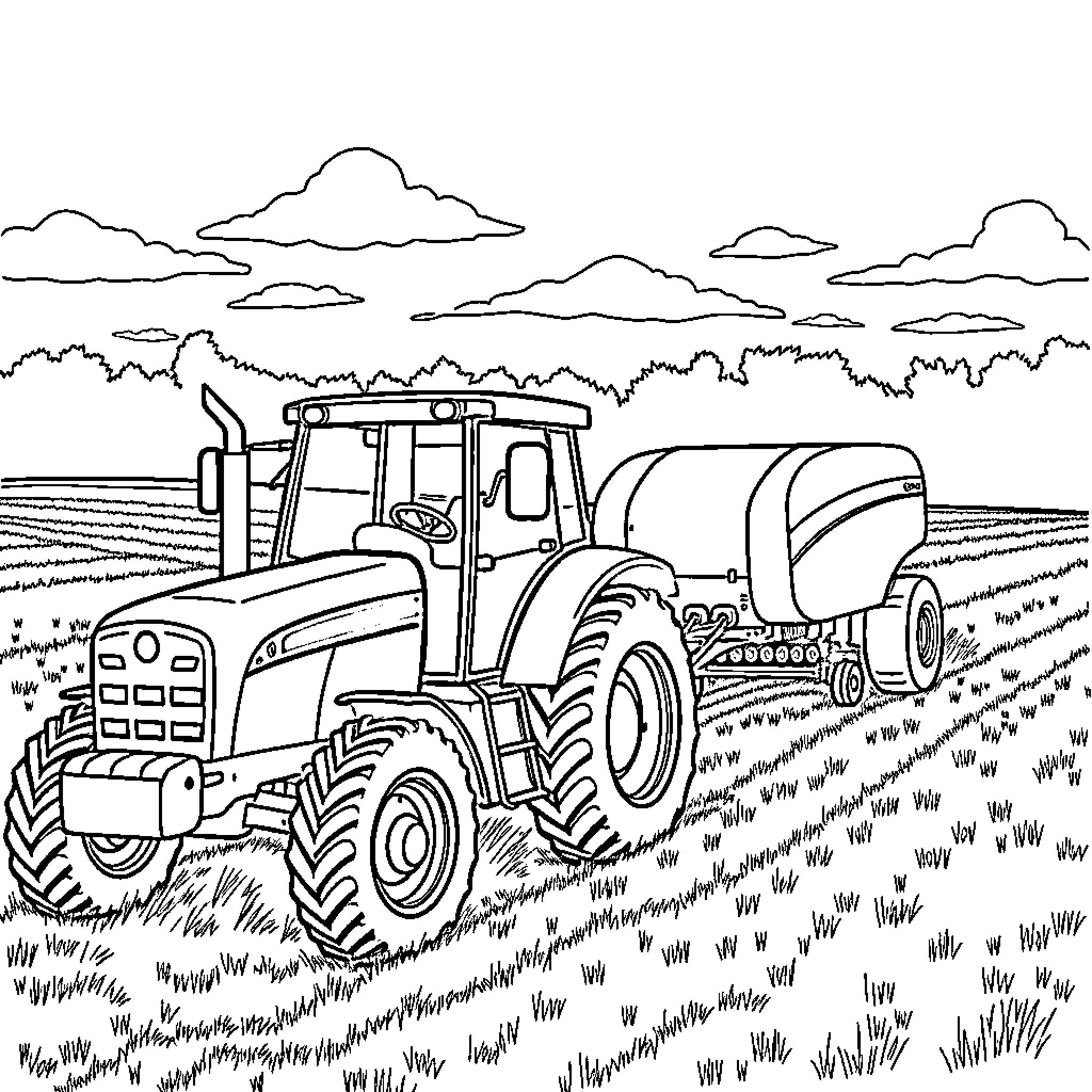 Tractor working diligently in the farmland Coloring Page (free black-and-white line drawing printable PDF for all, from beginners to advanced learners, including children, teens, adults, and seniors)