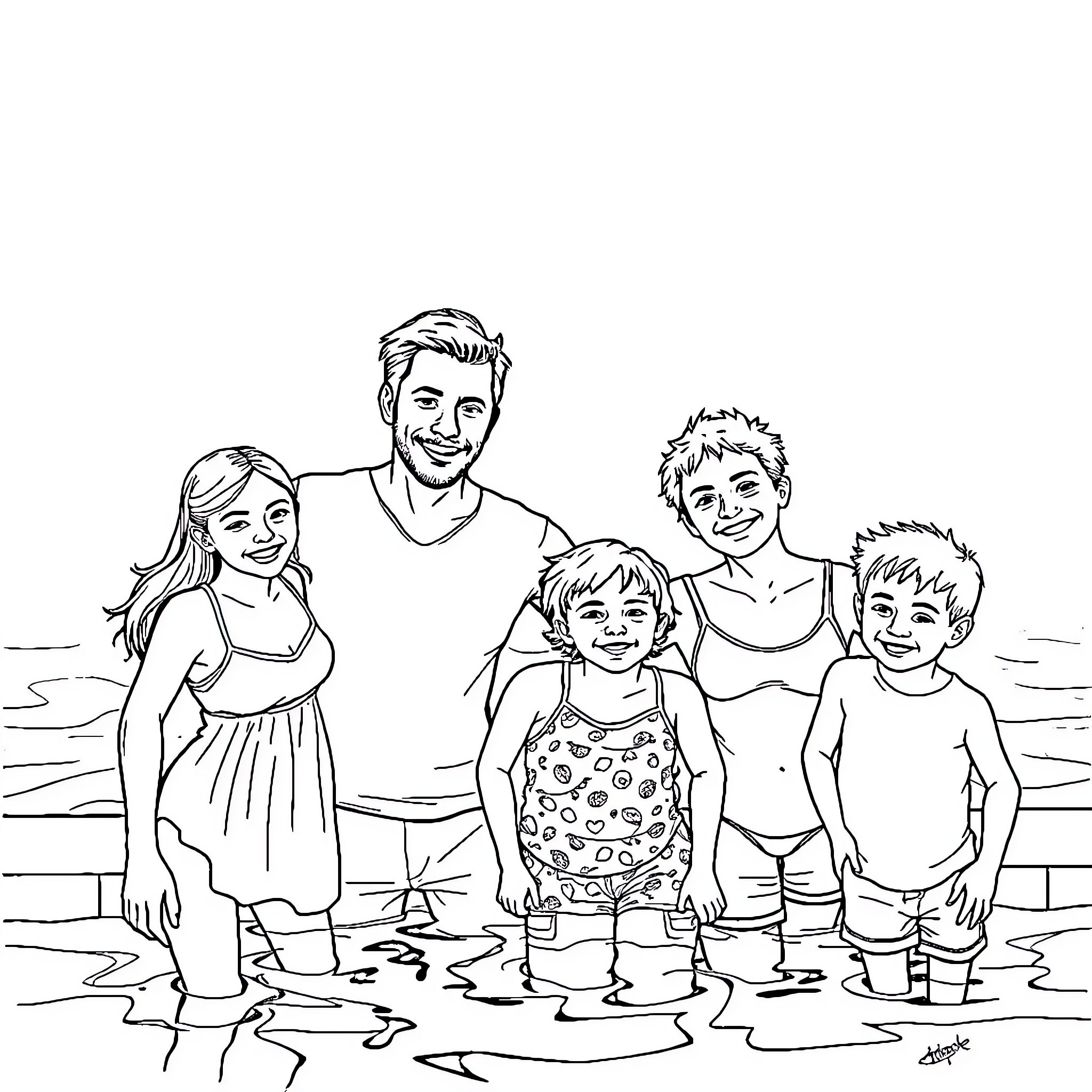 Family Enjoying Fun at the Beach Coloring Page (free black-and-white line drawing printable PDF for all, from beginners to advanced learners, including children, teens, adults, and seniors)