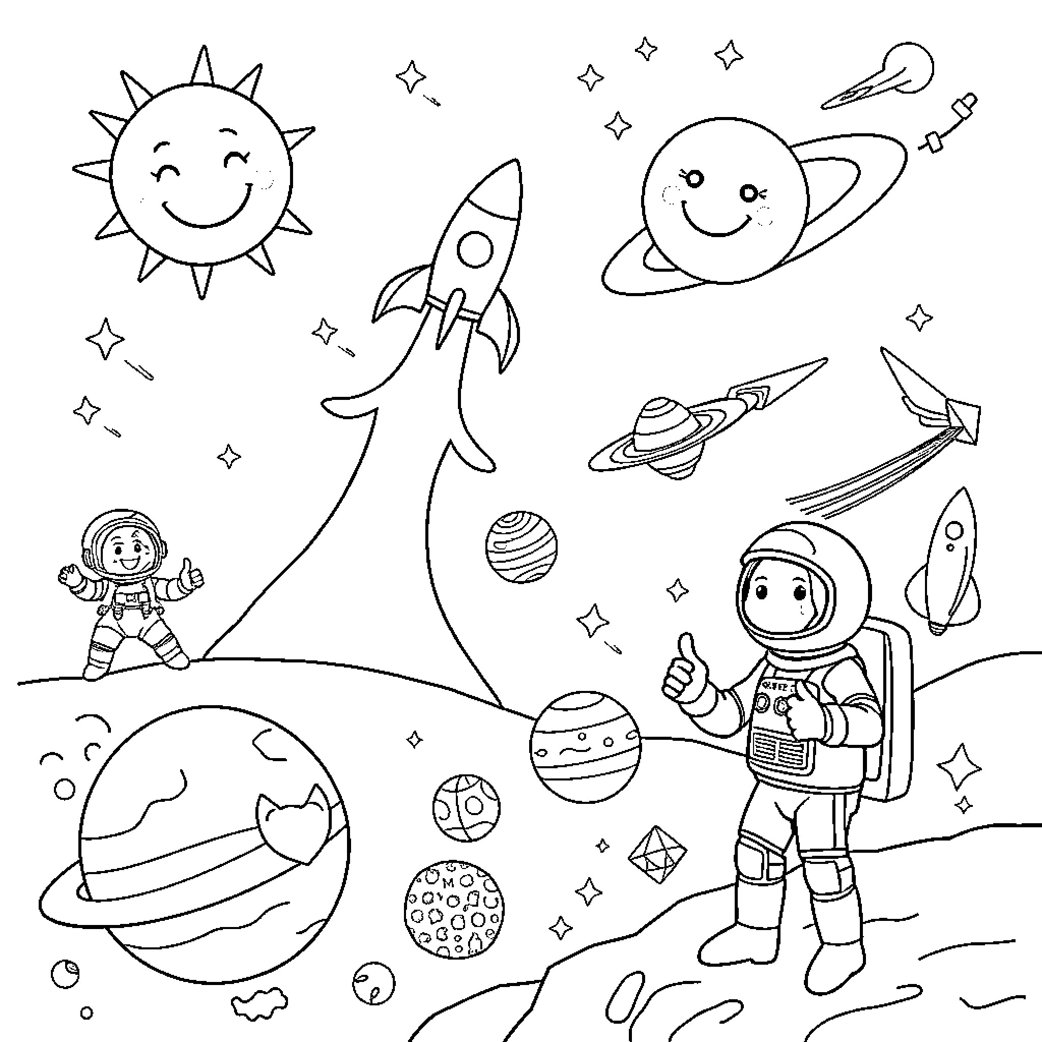 Space-themed cartoon characters and objects Coloring Page (free black-and-white line drawing printable PDF for all, from beginners to advanced learners, including children, teens, adults, and seniors)
