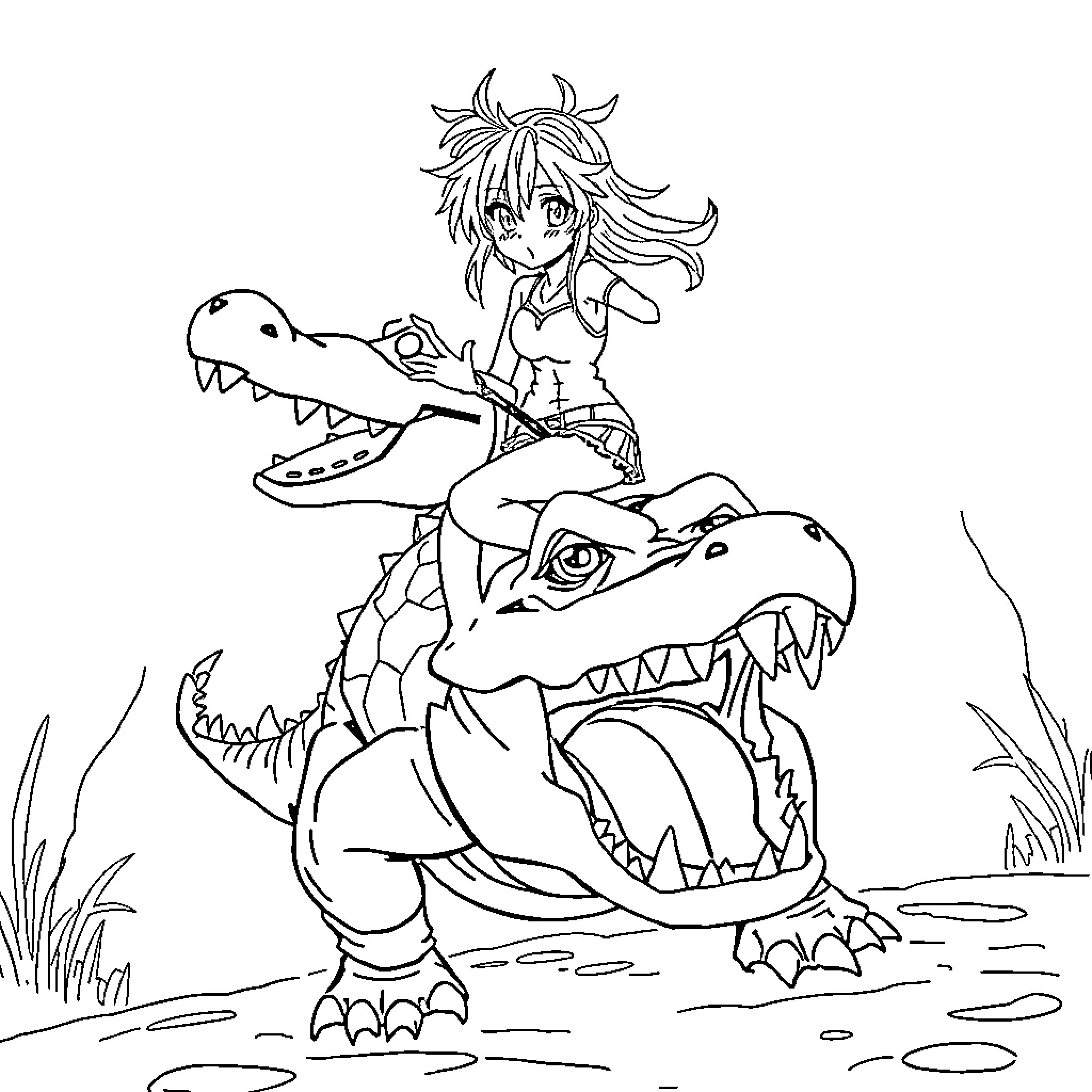 Anime Character Riding a Fierce Dinosaur Coloring Page (free black-and-white line drawing printable PDF for all, from beginners to advanced learners, including children, teens, adults, and seniors)