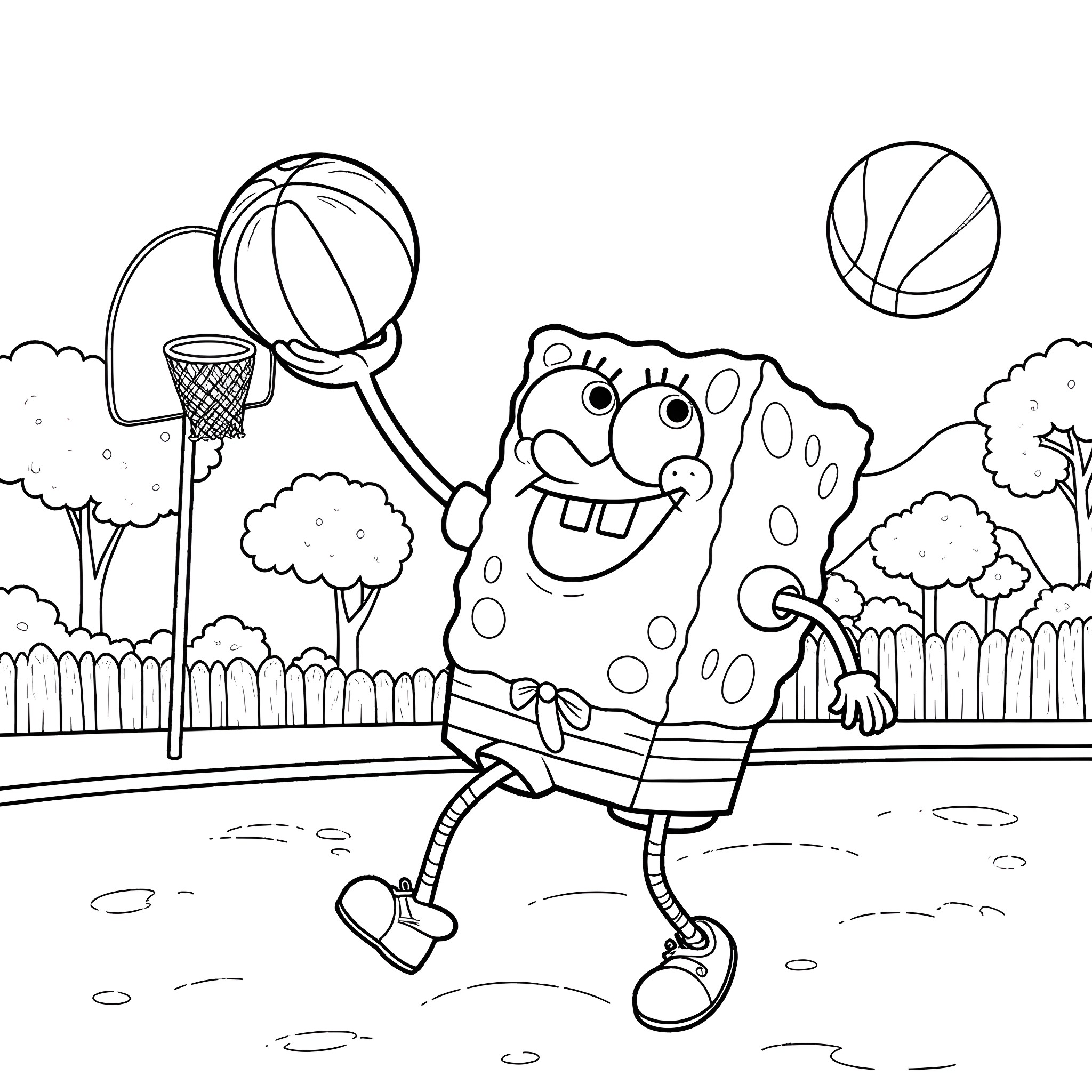 Spongebob playing basketball in the park Coloring Page (free black-and-white line drawing printable PDF for all, from beginners to advanced learners, including children, teens, adults, and seniors)